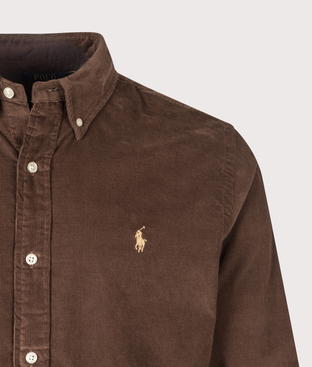 Polo Ralph Lauren Custom Fit Corduroy Shirt in Nutmeg Brown at EQVVS Menswear. Detail shot.