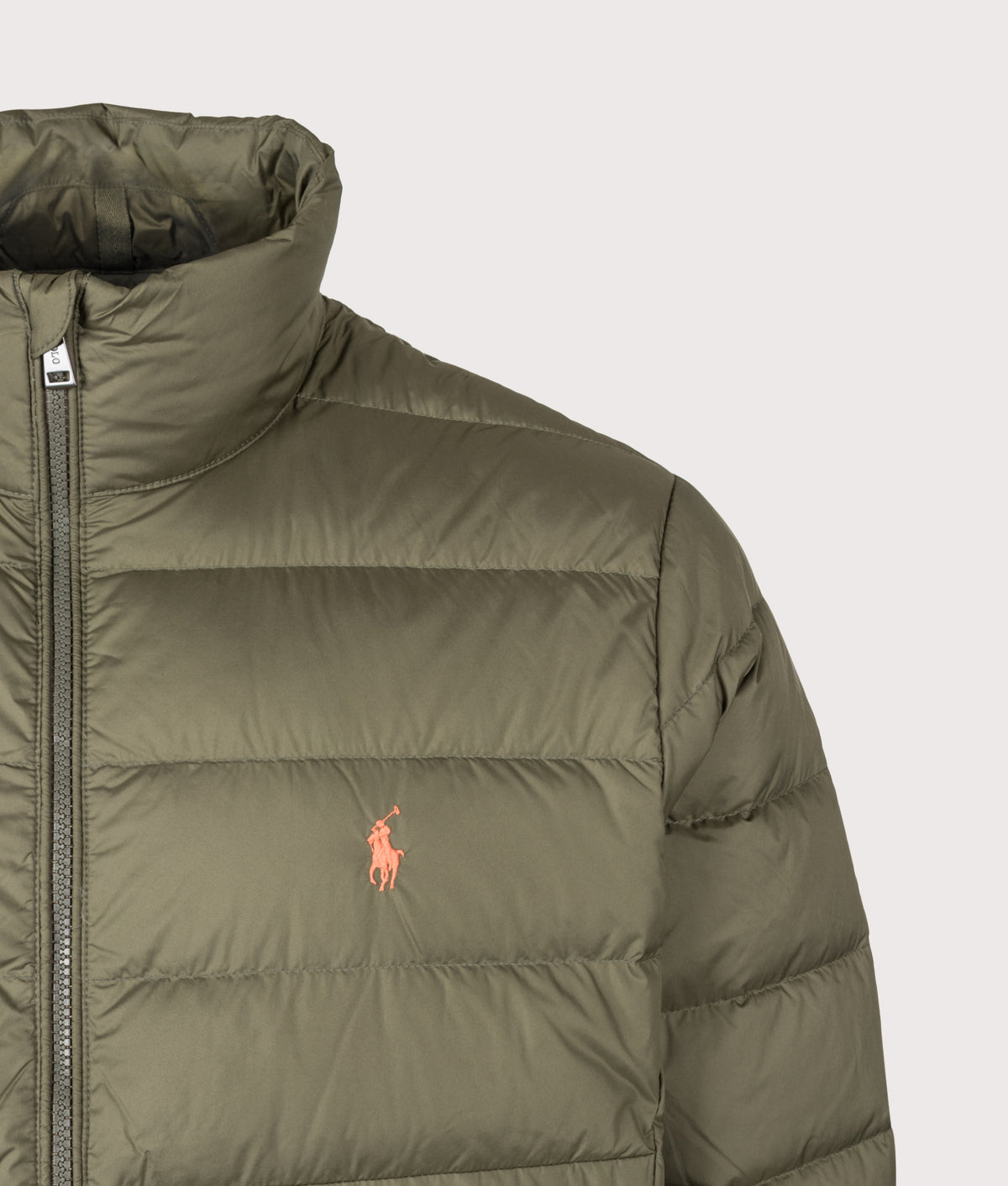 Polo Ralph Lauren The Colden Packable Down Jacket in Cruise Olive at EQVVS Menswear. Detail shot.