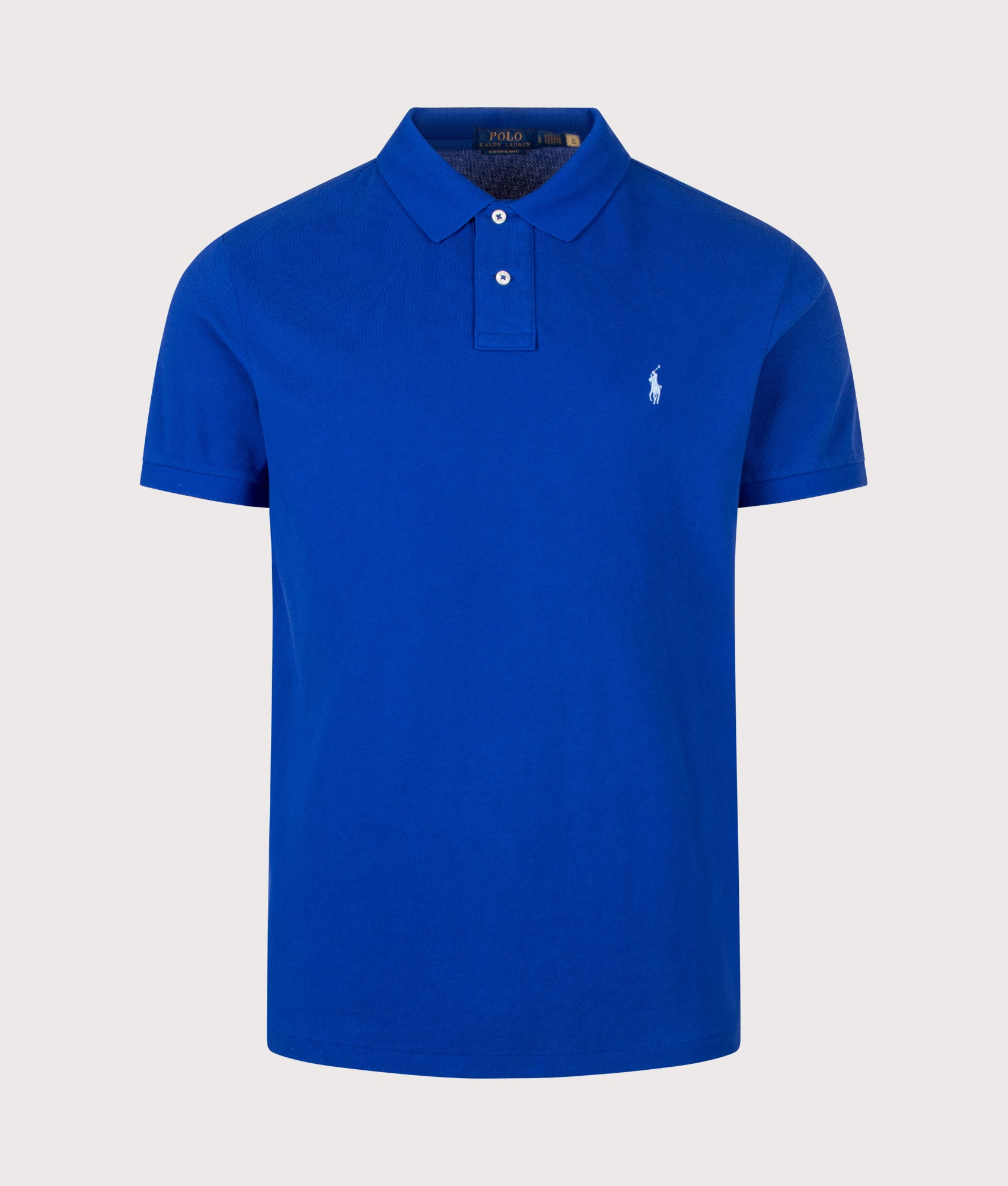 Polo Ralph Lauren Custom Slim Fit Mesh Polo Shirt in Classic Azure at EQVVS Menswear. Front shot.