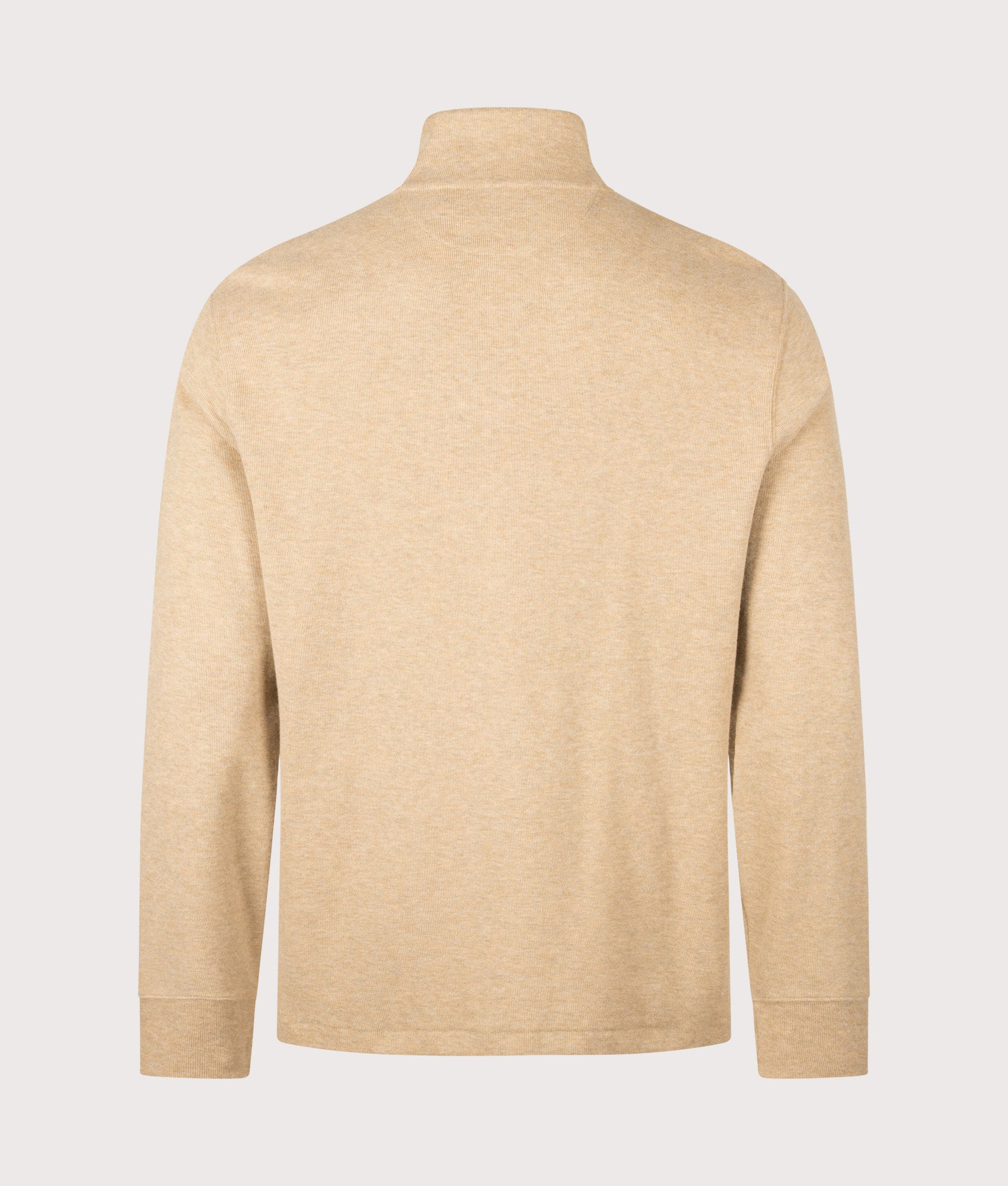Polo Ralph Lauren Loose Fit Estate-Rib Quarter Zip Knit Jumper in Cafe Tan Heather at EQVVS Menswear. Back shot.