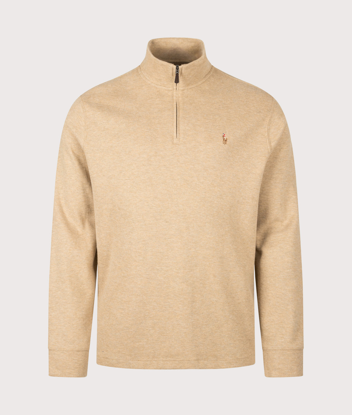 Polo Ralph Lauren Loose Fit Estate-Rib Quarter Zip Knit Jumper in Cafe Tan Heather at EQVVS Menswear. Front shot.