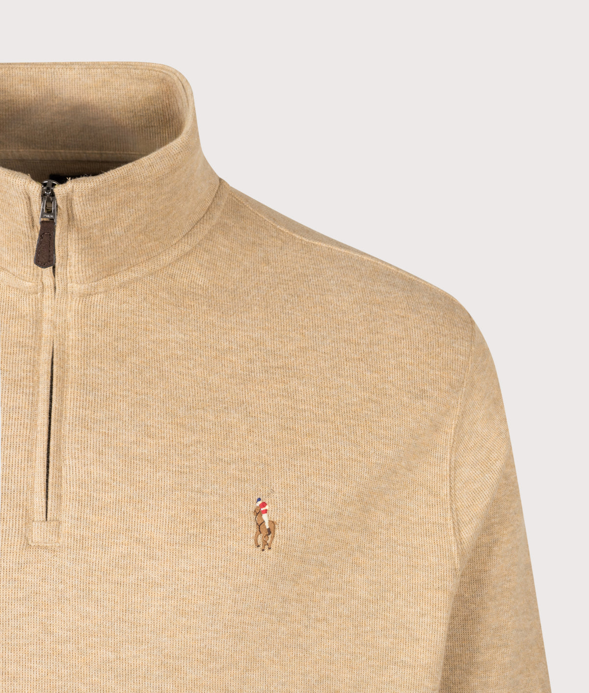 Polo Ralph Lauren Loose Fit Estate-Rib Quarter Zip Knit Jumper in Cafe Tan Heather at EQVVS Menswear. Detail shot.