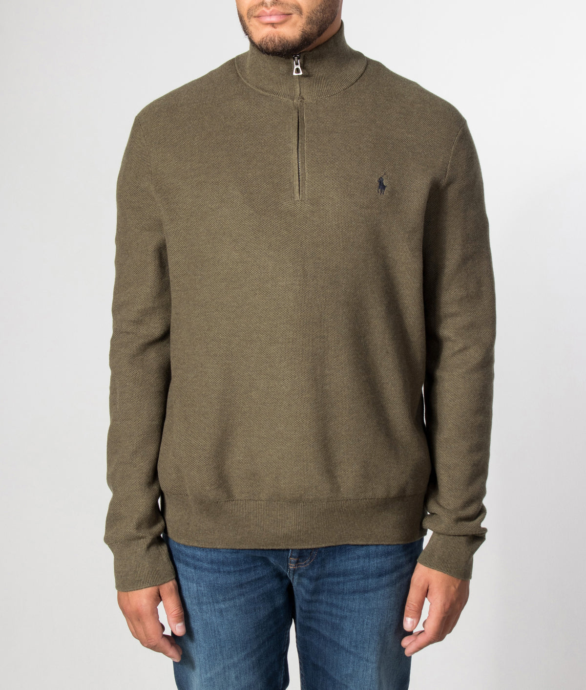 Polo Ralph Lauren Regular Fit Quarter Zip Cotton Mesh Knitted Jumper in Cargo Olive Heather at EQVVS Menswear. Model front shot.