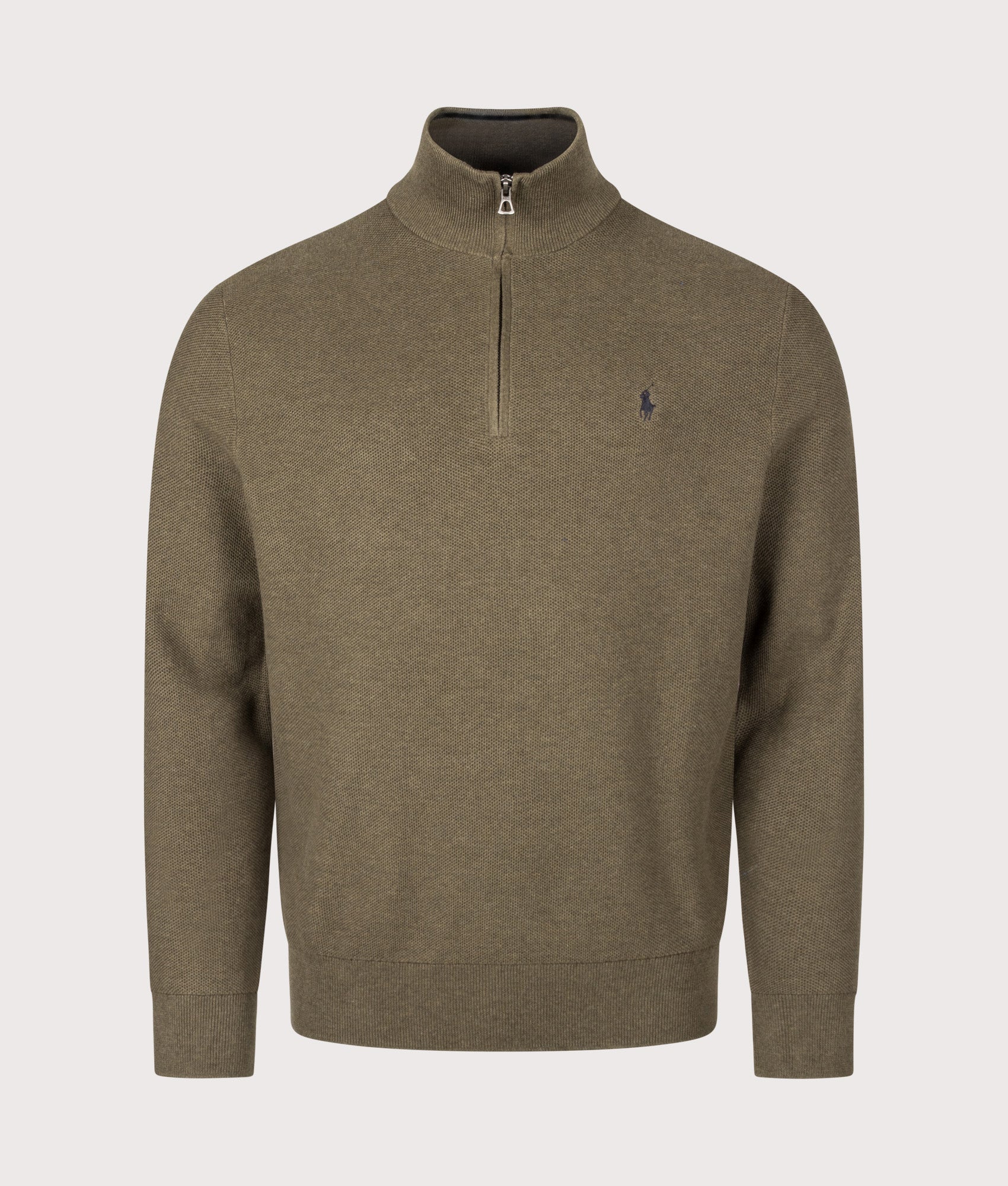 Polo Ralph Lauren Regular Fit Quarter Zip Cotton Mesh Knitted Jumper in Cargo Olive Heather at EQVVS Menswear. Front shot.