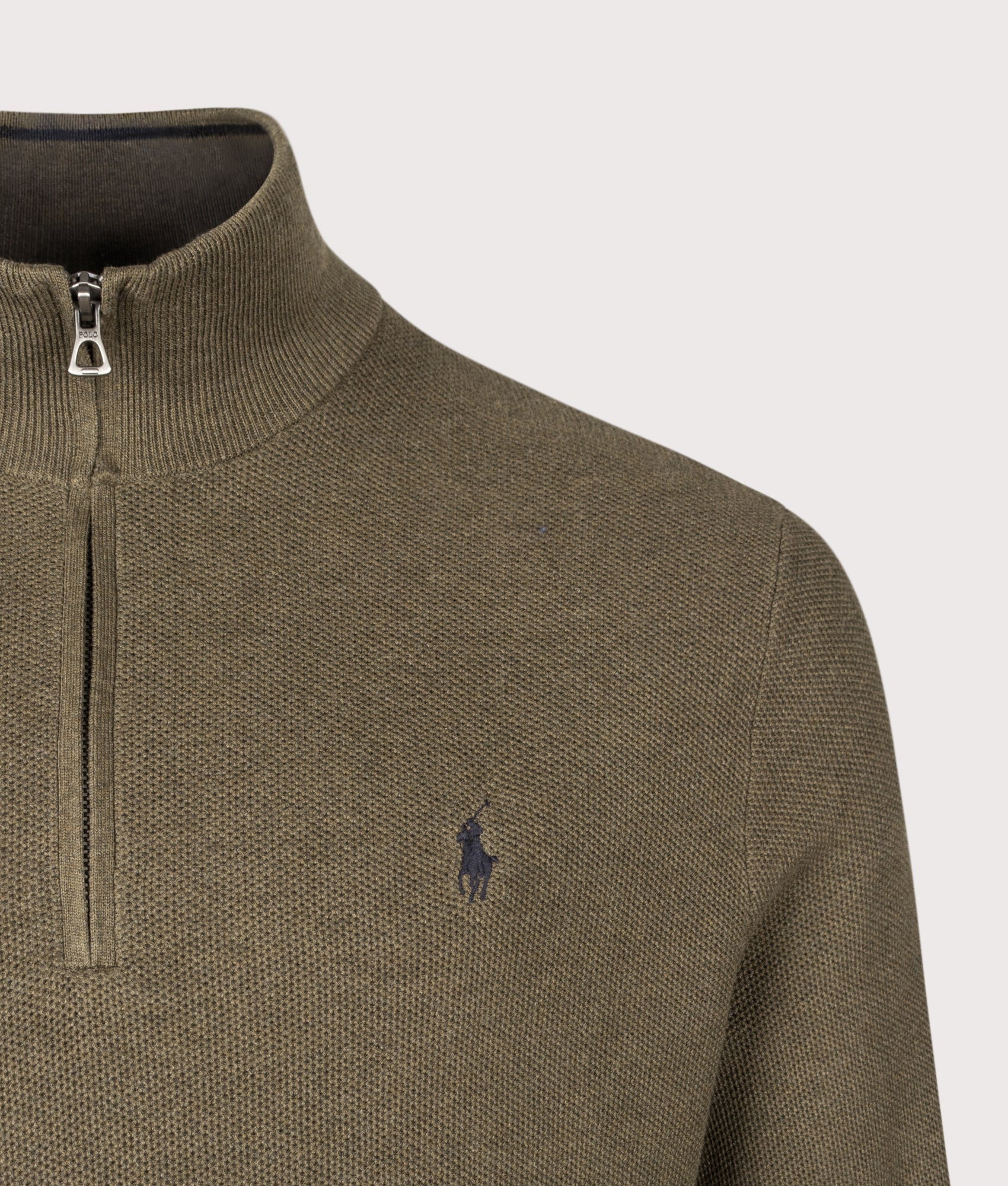 Polo Ralph Lauren Regular Fit Quarter Zip Cotton Mesh Knitted Jumper in Cargo Olive Heather at EQVVS Menswear. Detail shot.