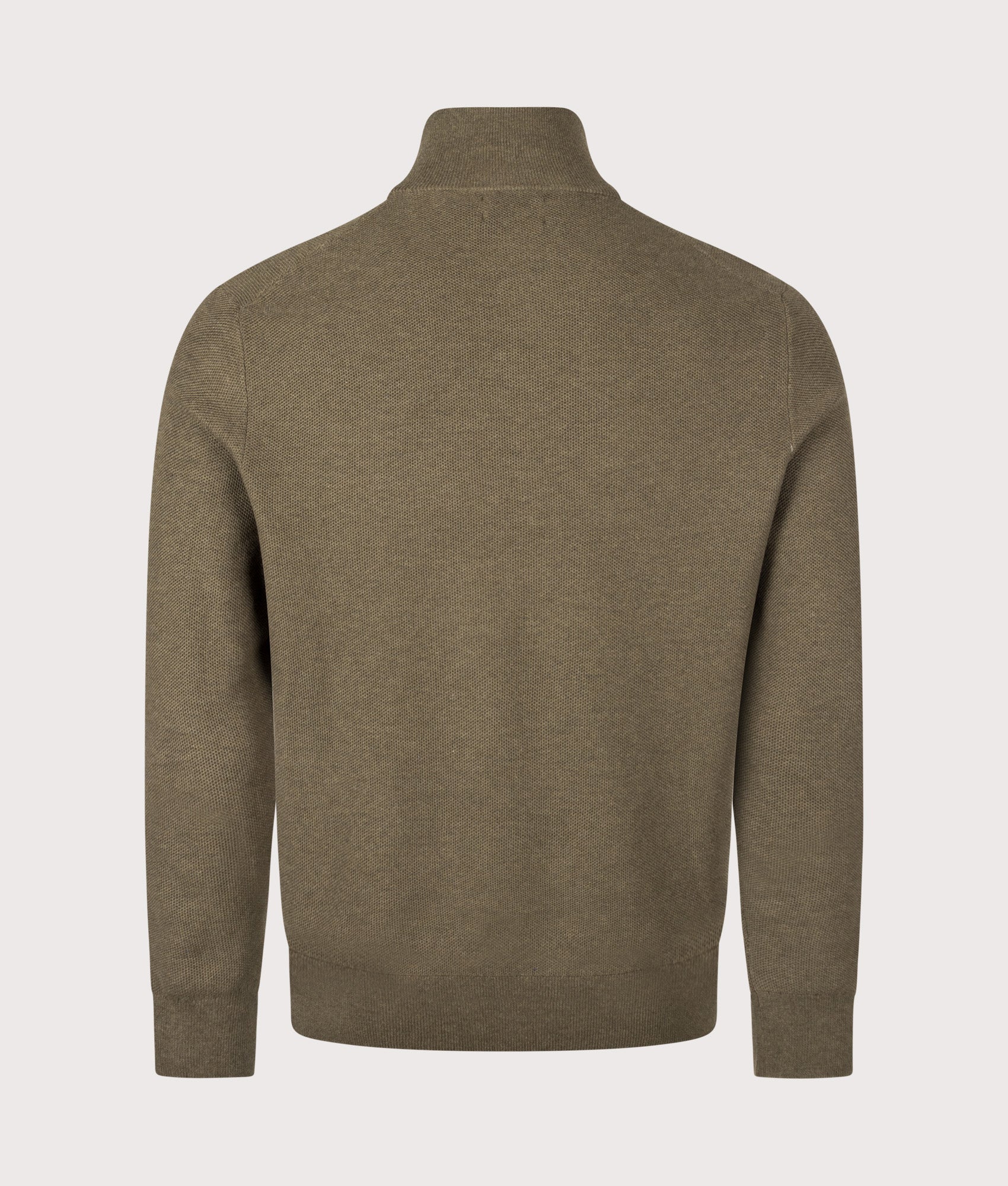 Polo Ralph Lauren Regular Fit Quarter Zip Cotton Mesh Knitted Jumper in Cargo Olive Heather at EQVVS Menswear. Back shot.