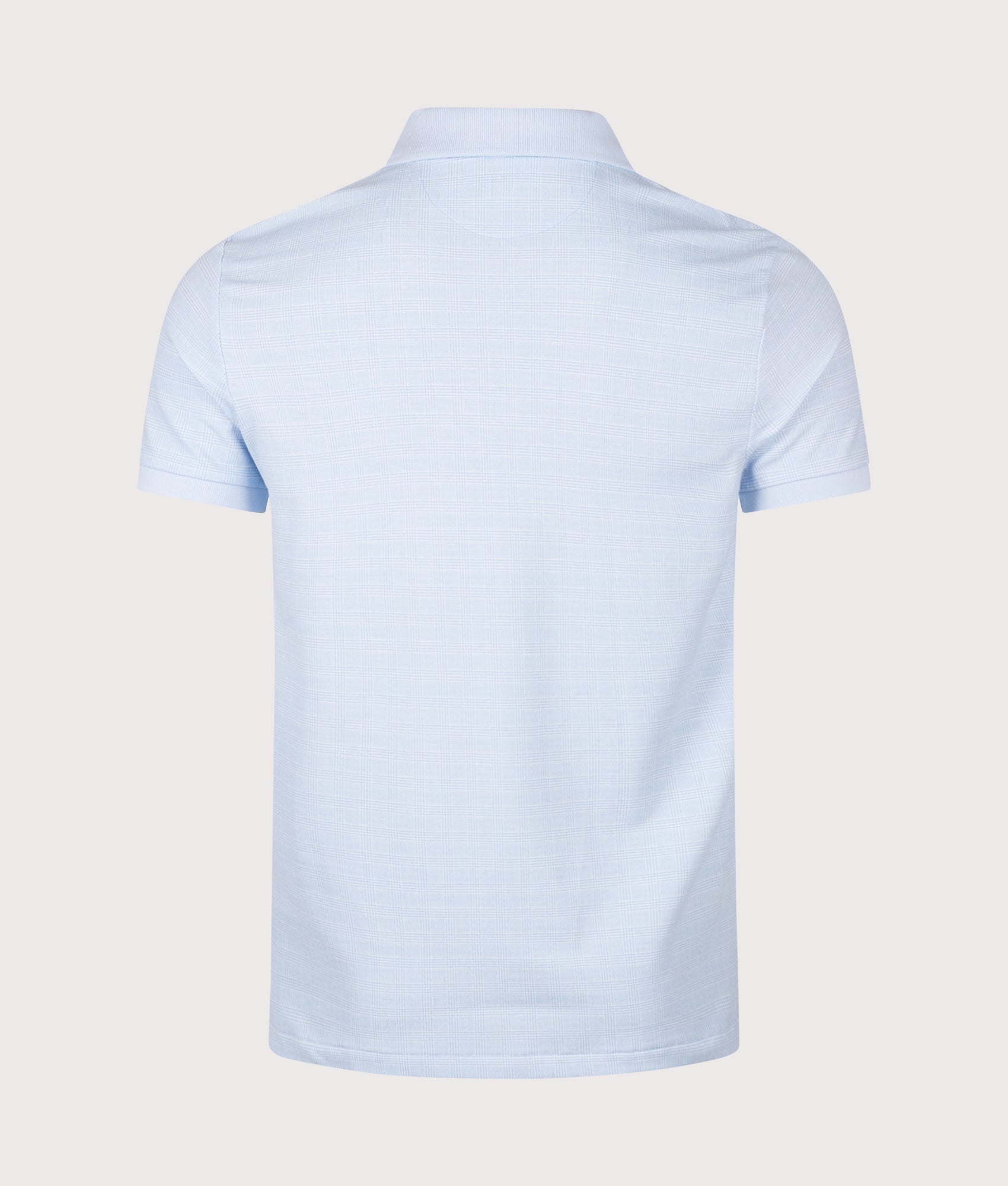 Polo Ralph Lauren Custom Slim Fit Stretch Mesh Polo Shirt in Small Glen and Pebble Blue at EQVVS Menswear. Back shot.