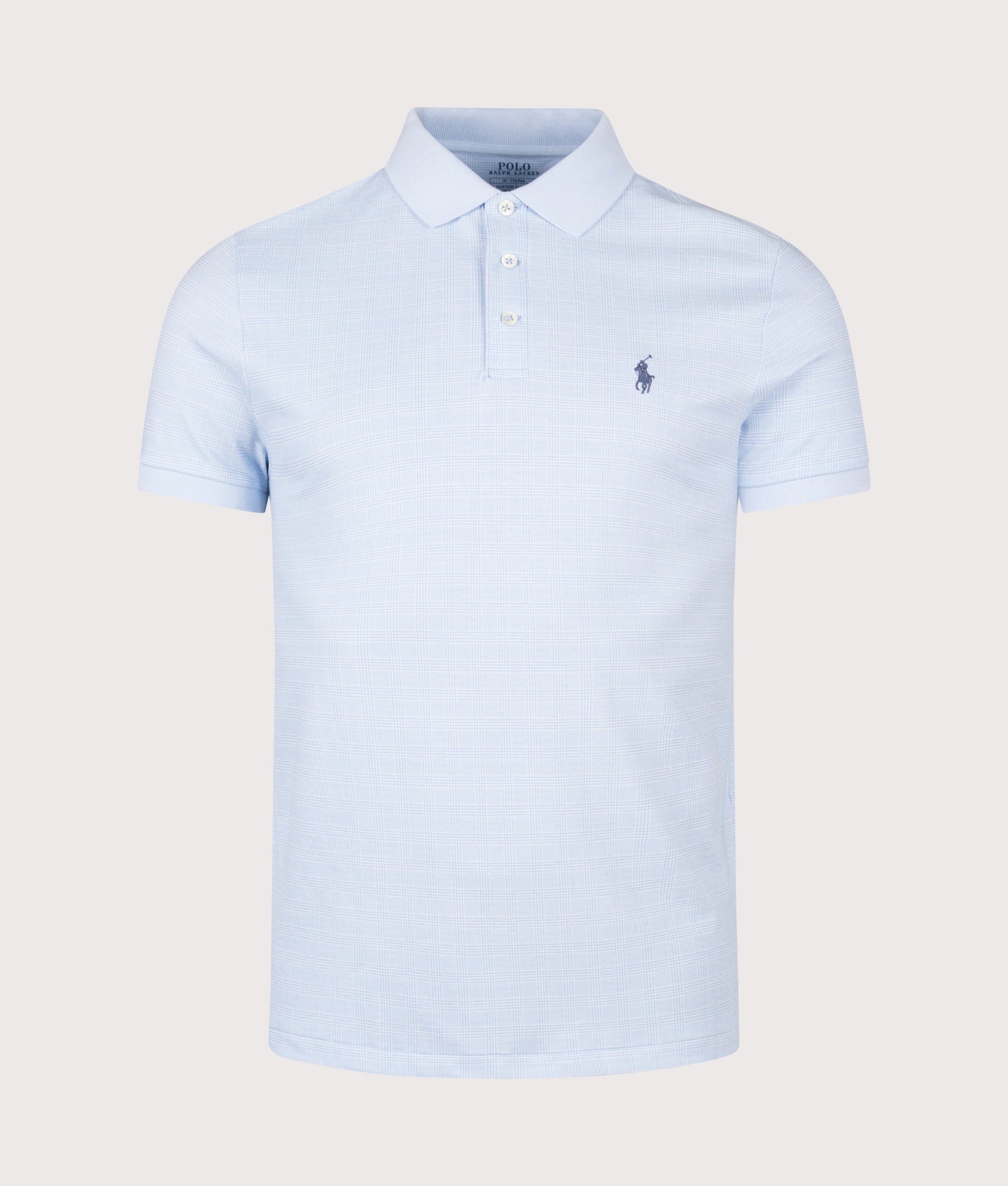 Polo Ralph Lauren Custom Slim Fit Stretch Mesh Polo Shirt in Small Glen and Pebble Blue at EQVVS Menswear. Front shot.