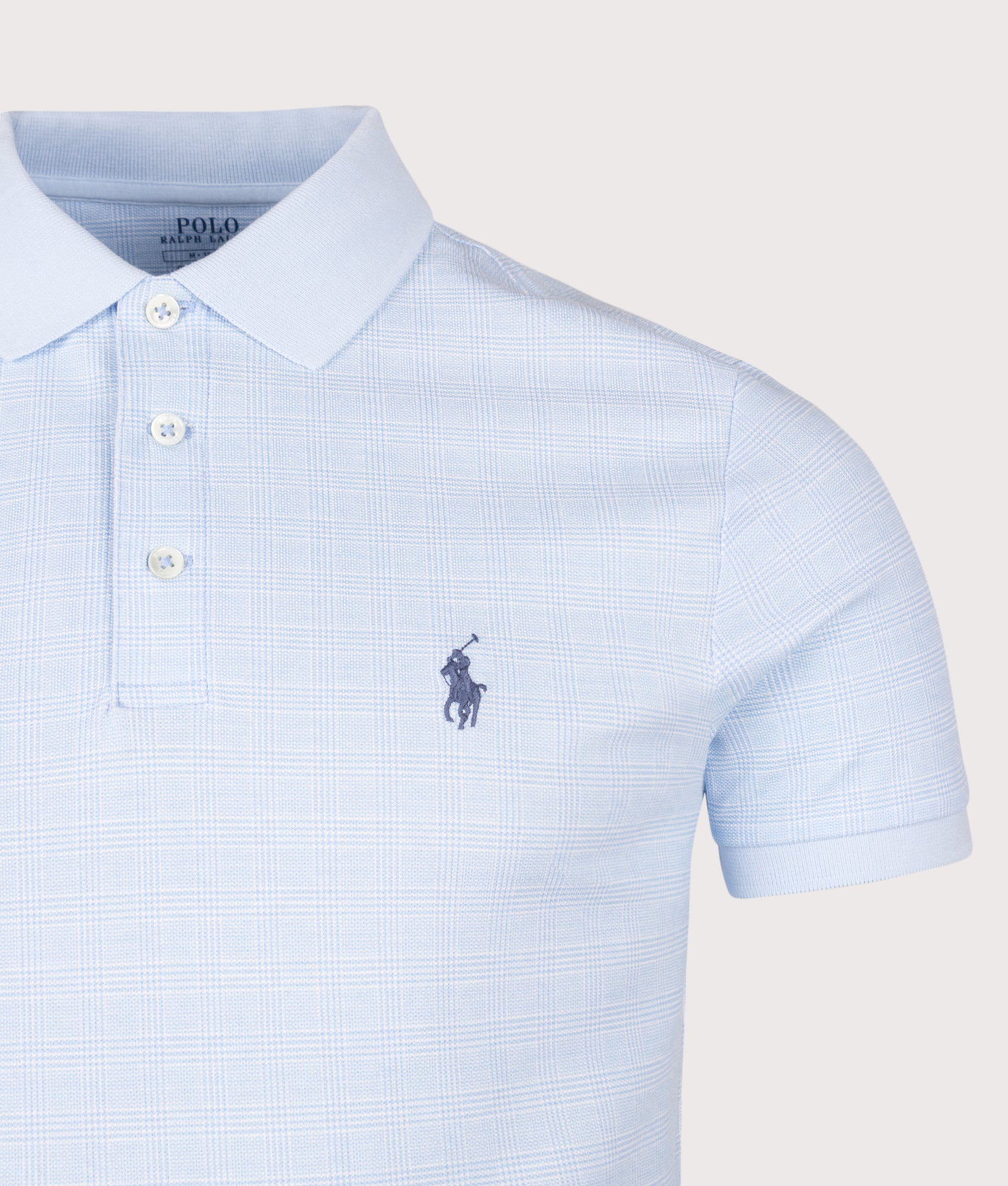 Polo Ralph Lauren Custom Slim Fit Stretch Mesh Polo Shirt in Small Glen and Pebble Blue at EQVVS Menswear. Detail shot.