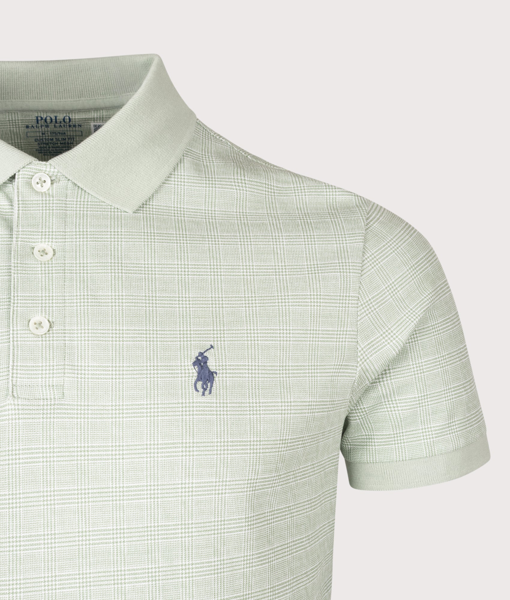 Polo Ralph Lauren Custom Slim Fit Stretch Mesh Polo Shirt in Small Glen and Light Green at EQVVS Menswear. Detail shot.