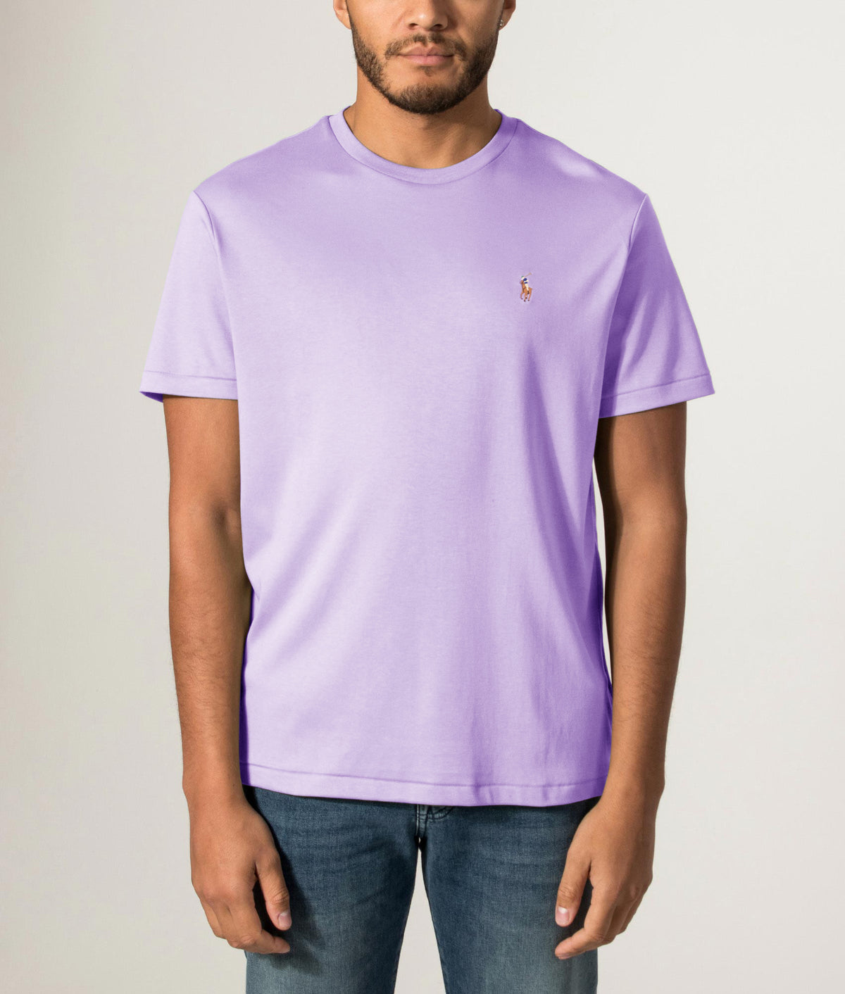 Polo Ralph Lauren Custom Slim Fit Pima T-Shirt in Powder Purple at EQVVS Menswear. Front model shot.