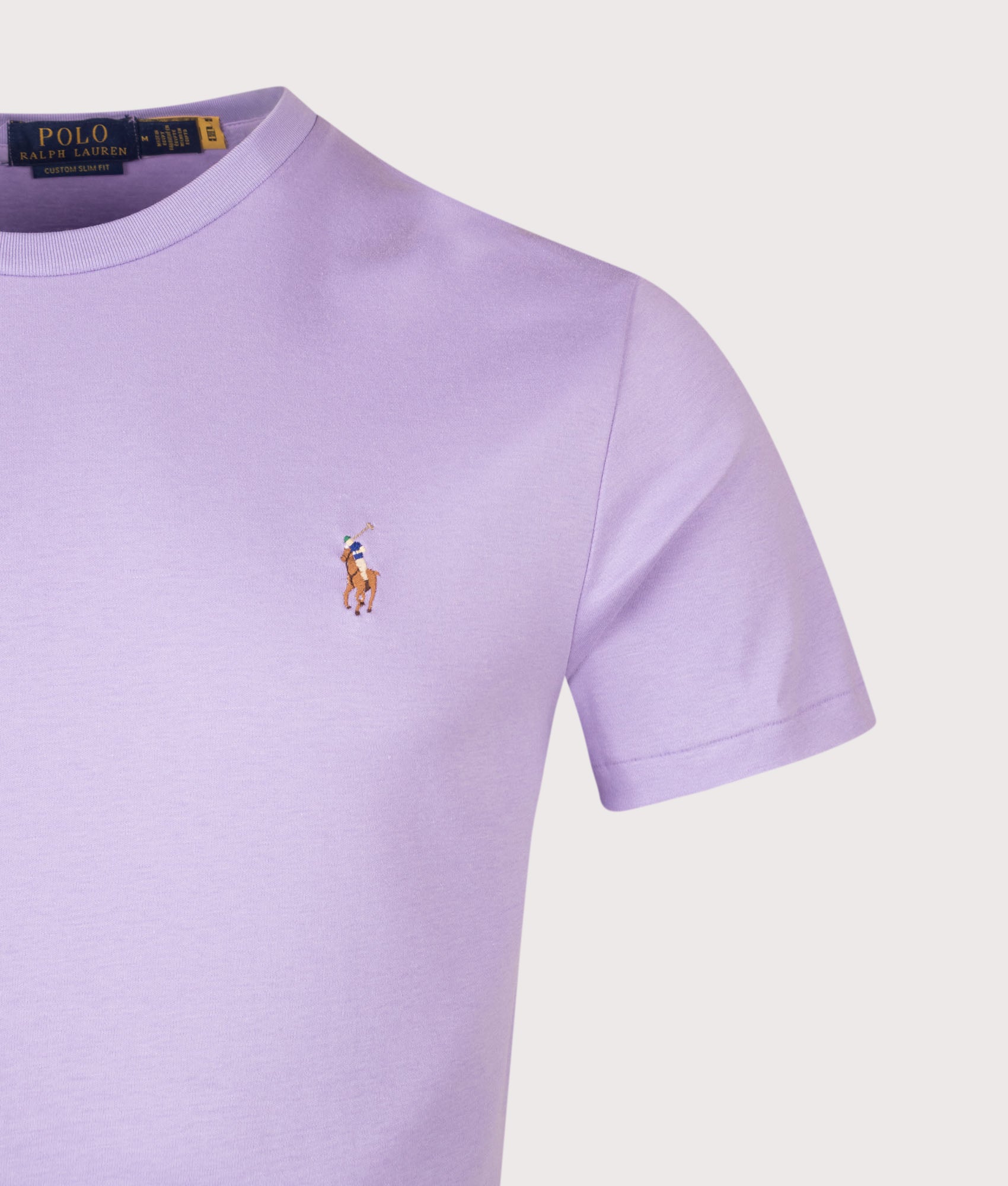Polo Ralph Lauren Custom Slim Fit Pima T-Shirt in Powder Purple at EQVVS Menswear. Detail shot.