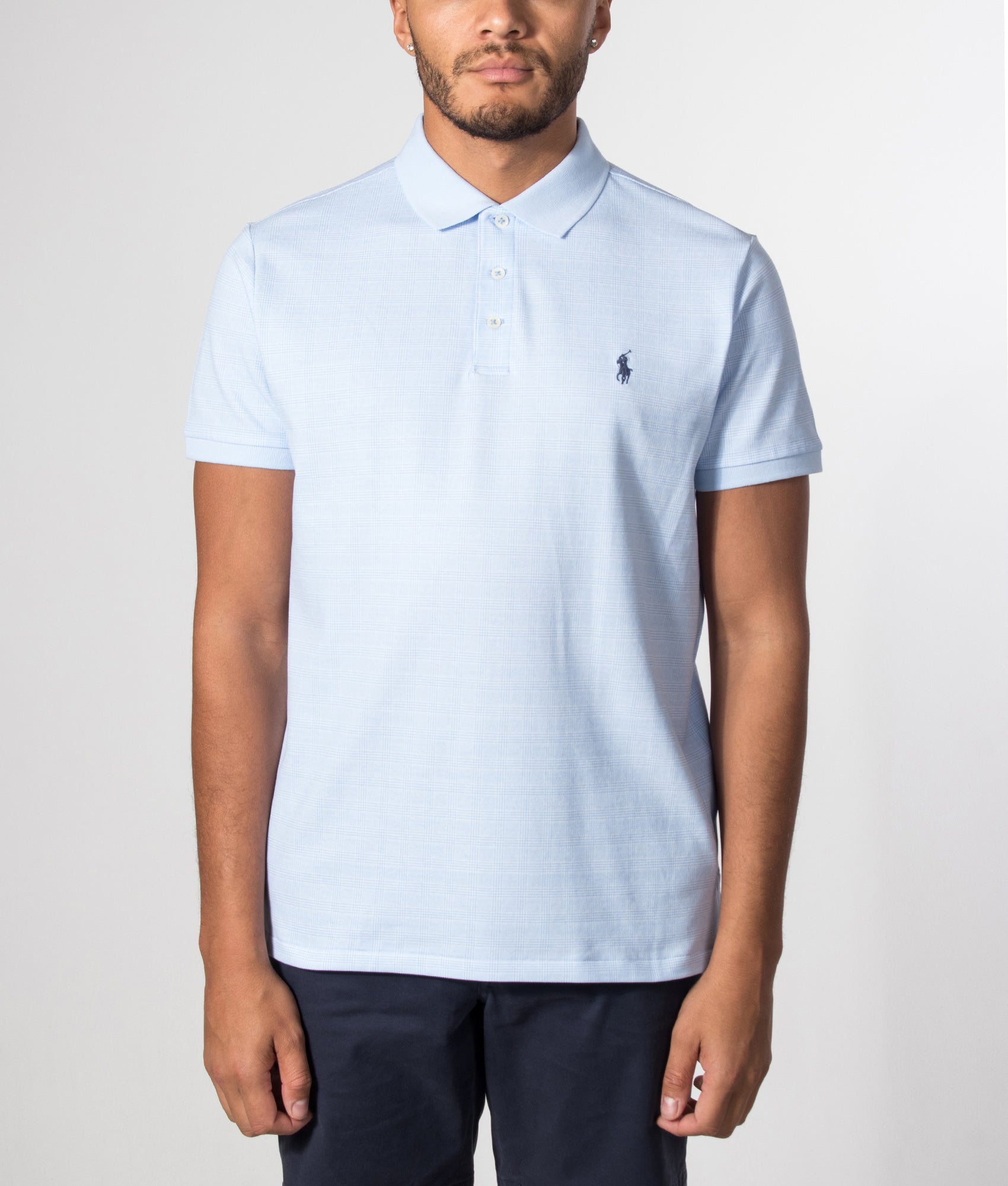 Polo Ralph Lauren Custom Slim Fit Stretch Mesh Polo Shirt in Small Glen and Pebble Blue at EQVVS Menswear. Model front shot.
