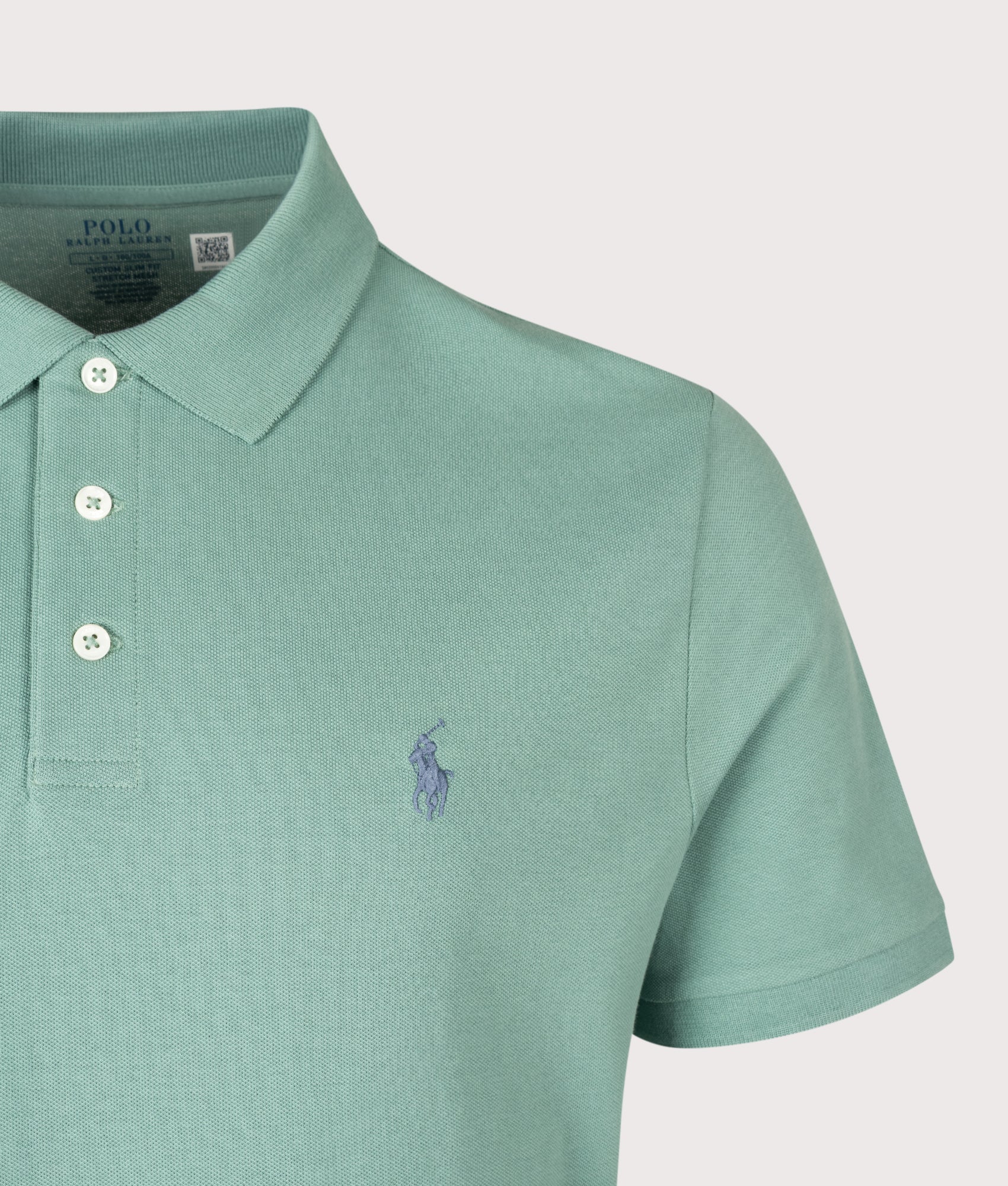 Polo Ralph Lauren Custom Slim Fit Stretch Mesh Polo Shirt in Greenscape at EQVVS Menswear. Detail shot.