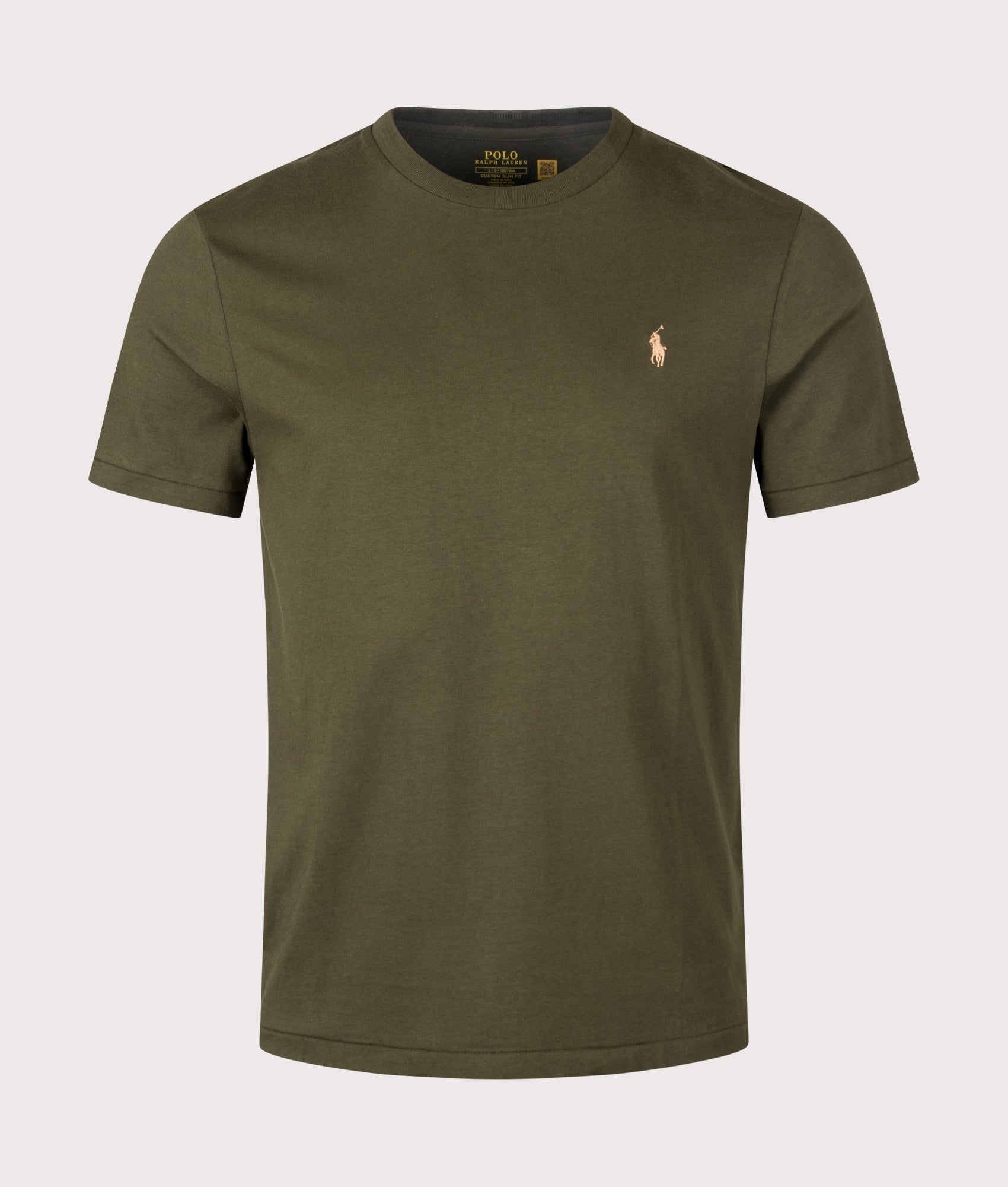 Polo Ralph Lauren Custom Slim Fit Jersey T-Shirt in Company Olive at EQVVS Menswear. Front shot.