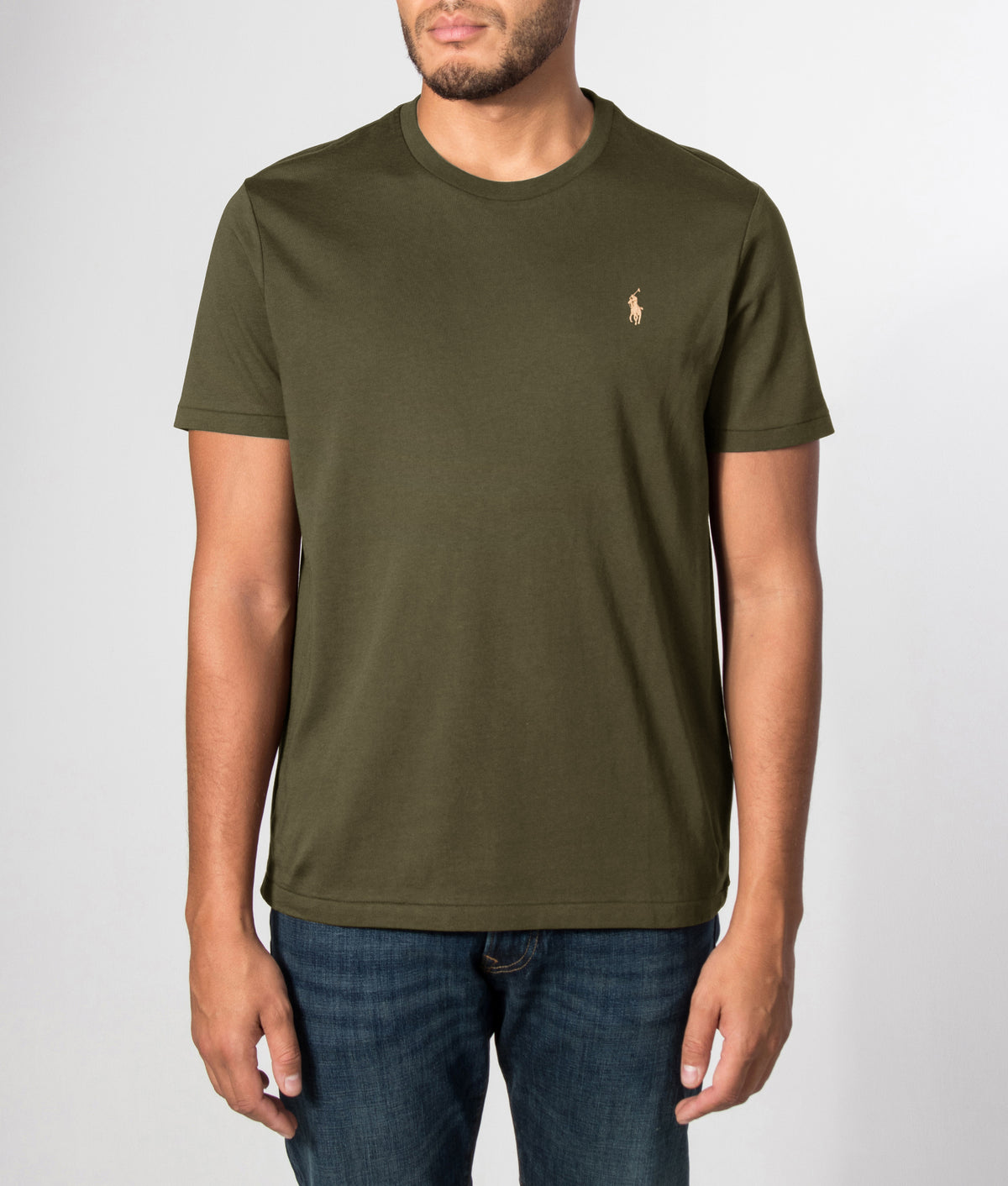 Polo Ralph Lauren Custom Slim Fit Jersey T-Shirt in Company Olive at EQVVS Menswear. Front model shot.
