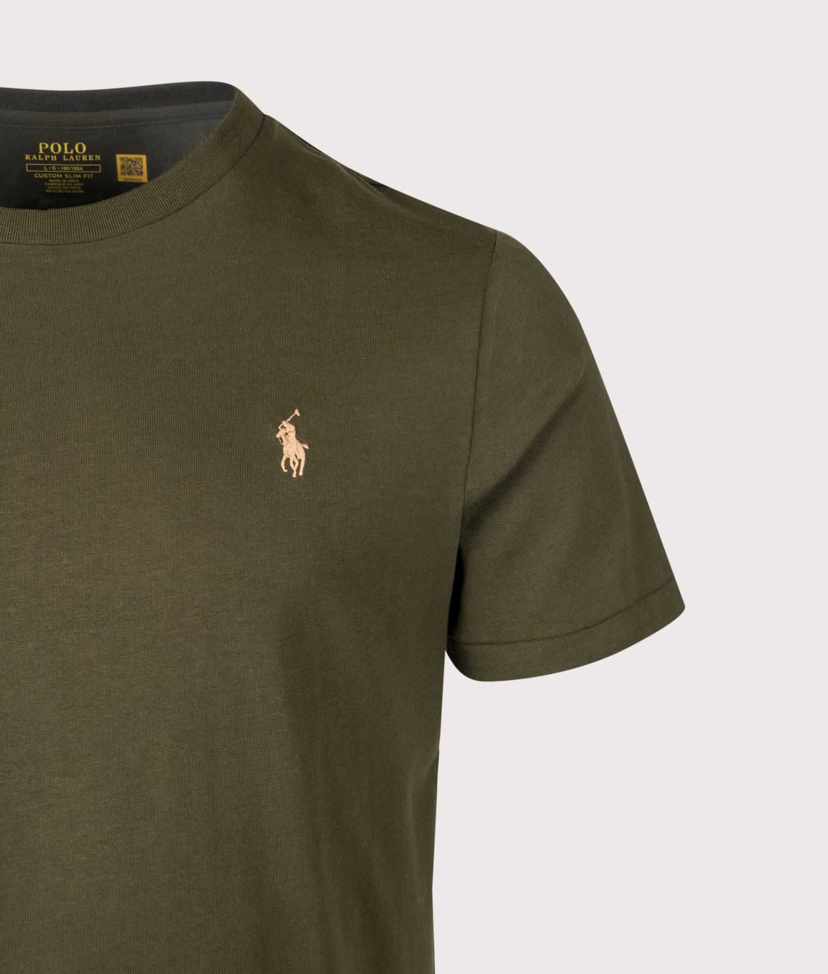 Polo Ralph Lauren Custom Slim Fit Jersey T-Shirt in Company Olive at EQVVS Menswear. Detail shot.