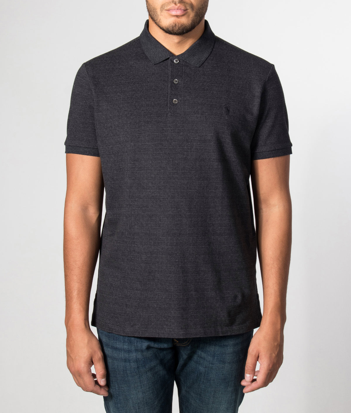 Polo Ralph Lauren Custom Slim Fit Stretch Mesh Polo Shirt in Small Glen/Windsor Heather at EQVVS Menswear. Model front shot.
