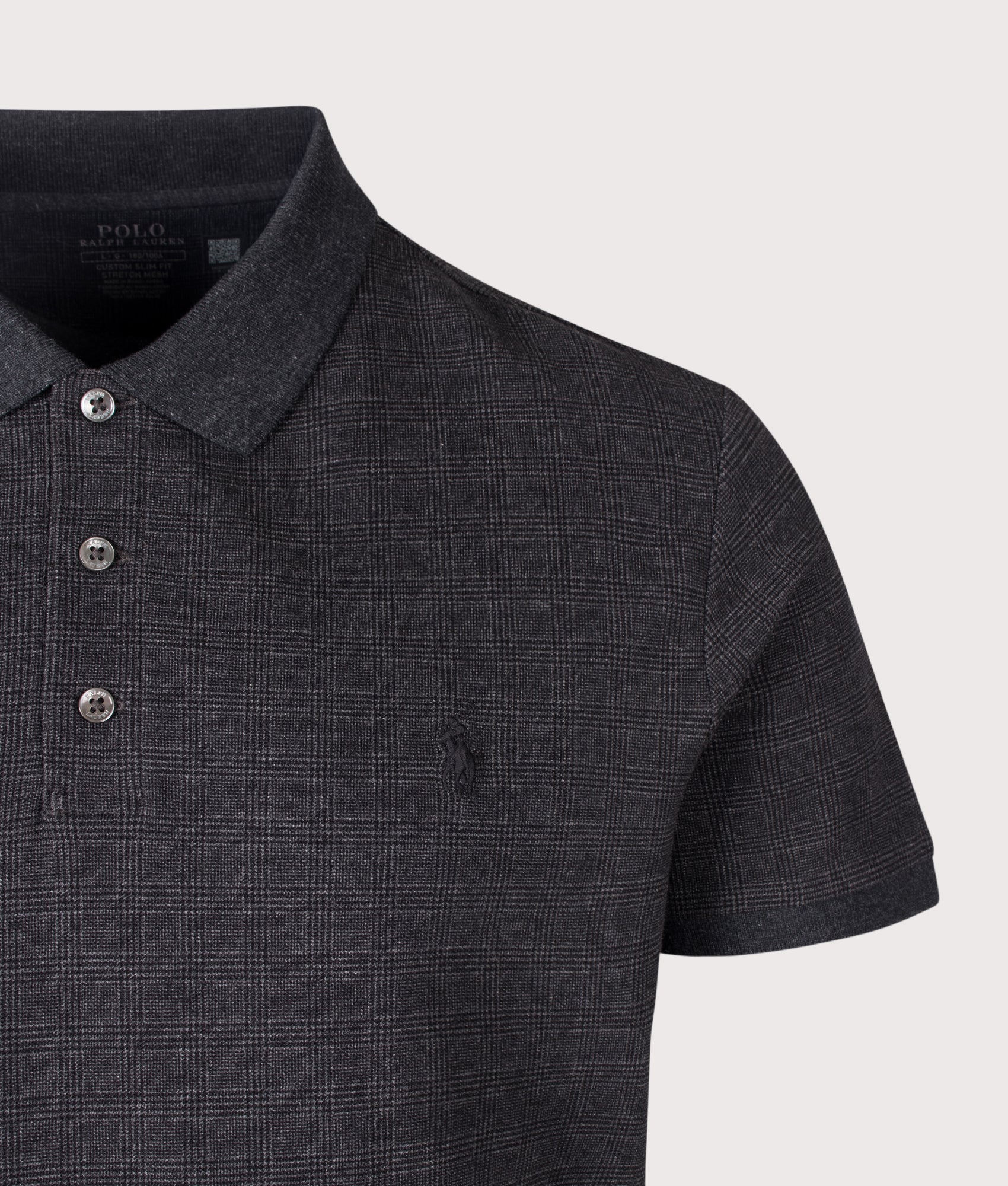 Polo Ralph Lauren Custom Slim Fit Stretch Mesh Polo Shirt in Small Glen/Windsor Heather at EQVVS Menswear. Detail shot.