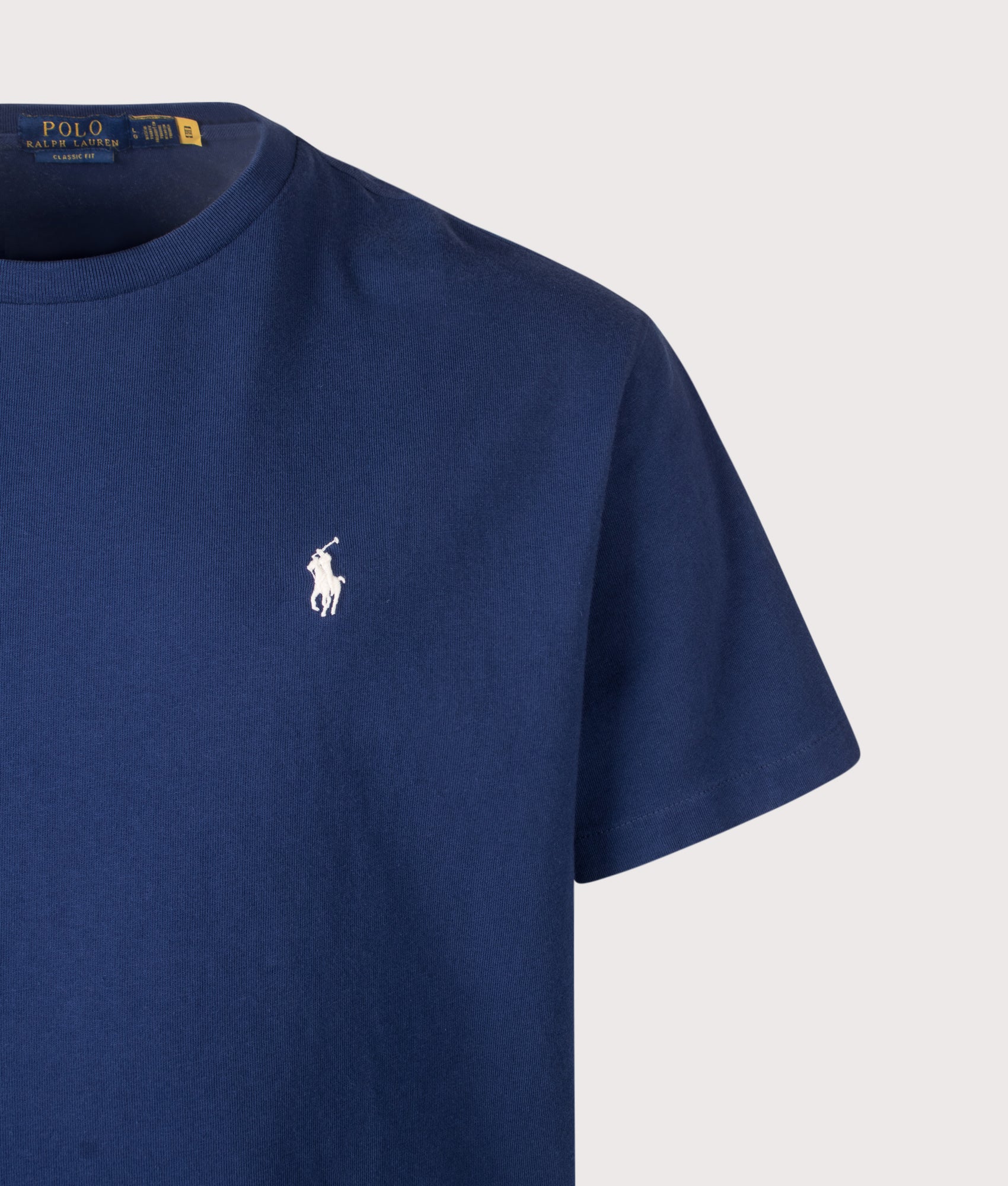 Polo Ralph Lauren Classic Fit Jersey T-Shirt in Cruise Navy at EQVVS Menswear. Detail shot.