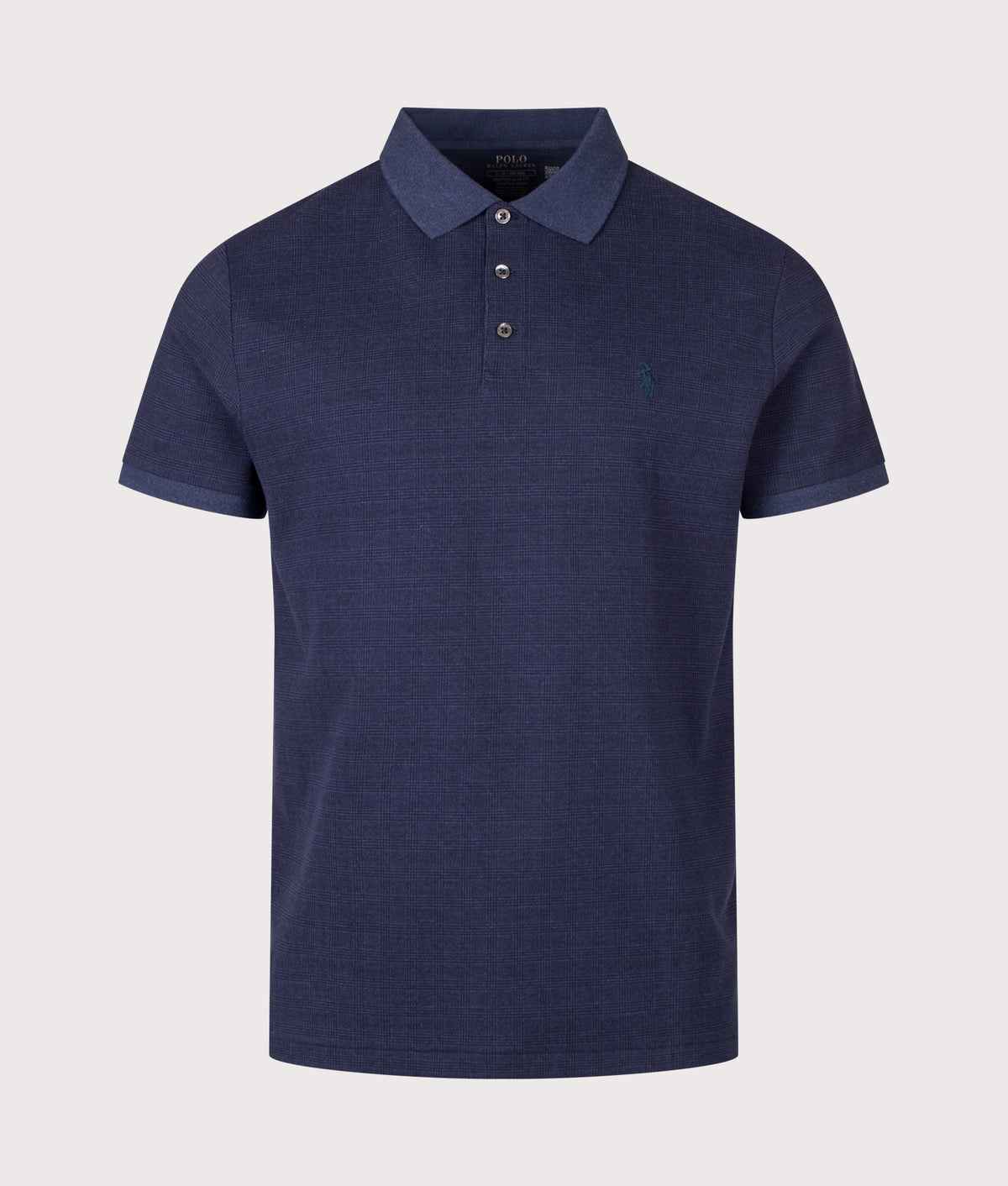 Polo Ralph Lauren Custom Slim Fit Stretch Mesh Polo Shirt in Small Glen and Spring Navy Heather at EQVVS Menswear. Front shot.