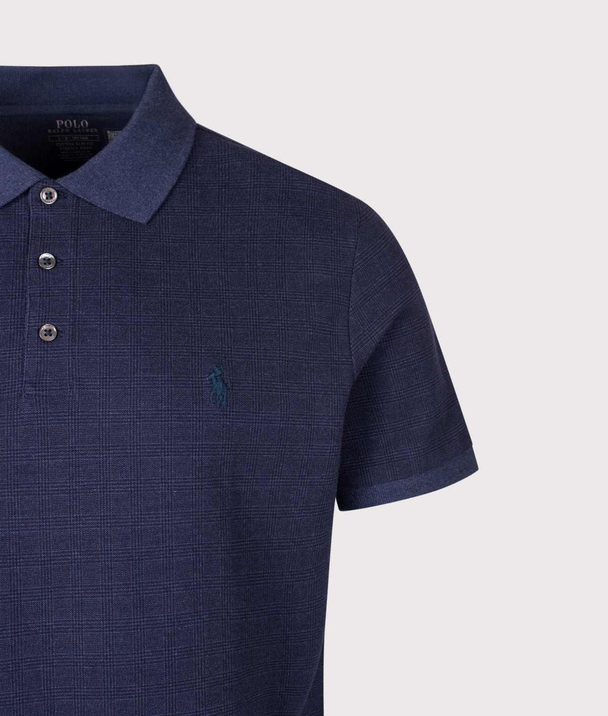 Polo Ralph Lauren Custom Slim Fit Stretch Mesh Polo Shirt in Small Glen and Spring Navy Heather at EQVVS Menswear. Detail shot.