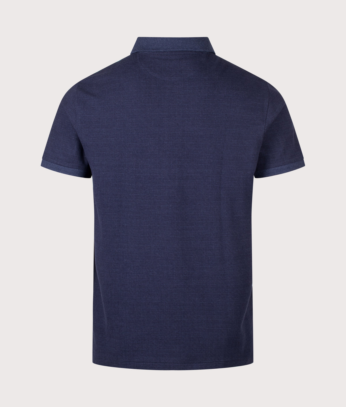 Polo Ralph Lauren Custom Slim Fit Stretch Mesh Polo Shirt in Small Glen and Spring Navy Heather at EQVVS Menswear. Back shot.