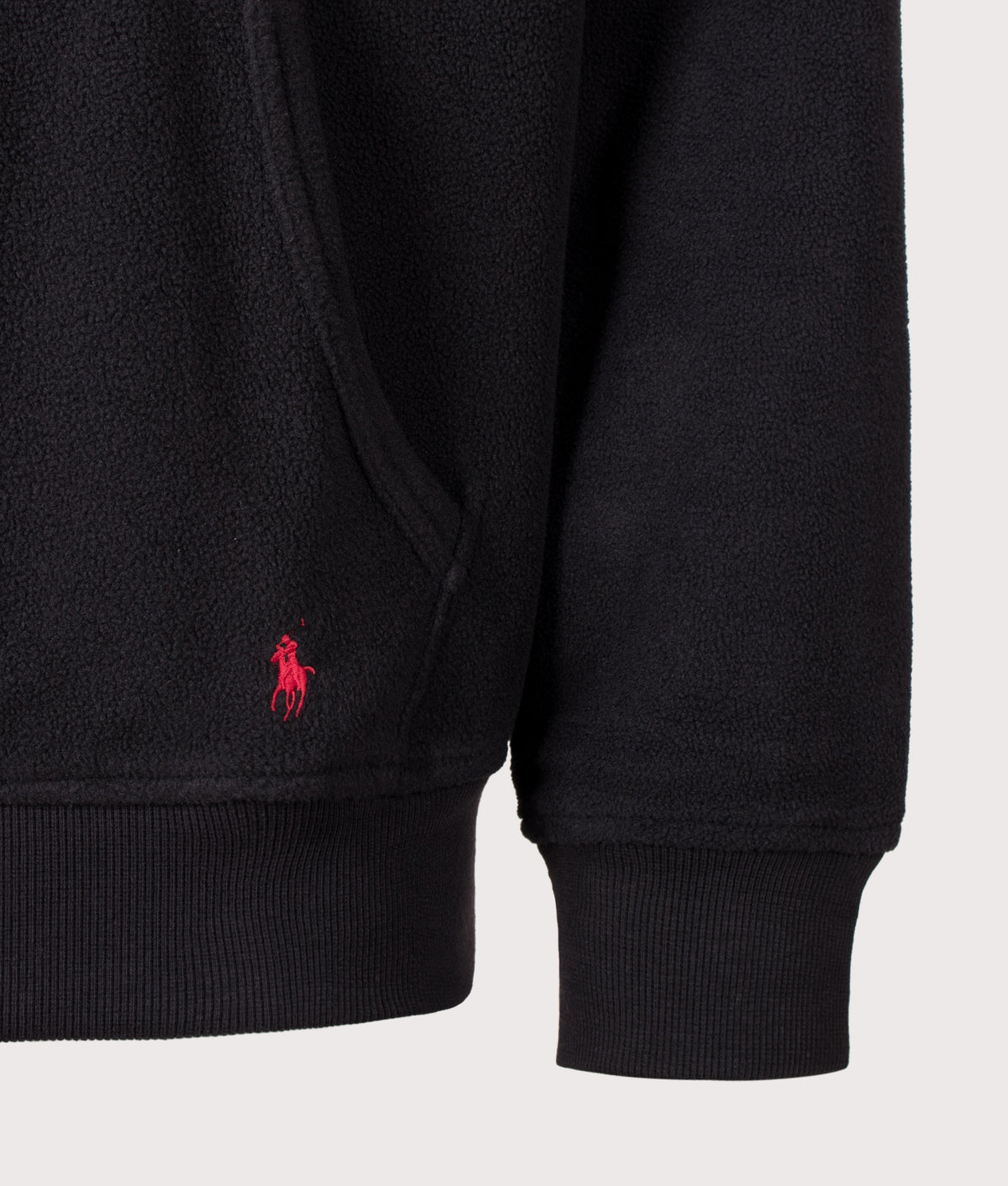 Polo Ralph Lauren Regular Fit Polar Fleece Hoodie in Polo Black at EQVVS Menswear. Detail shot.