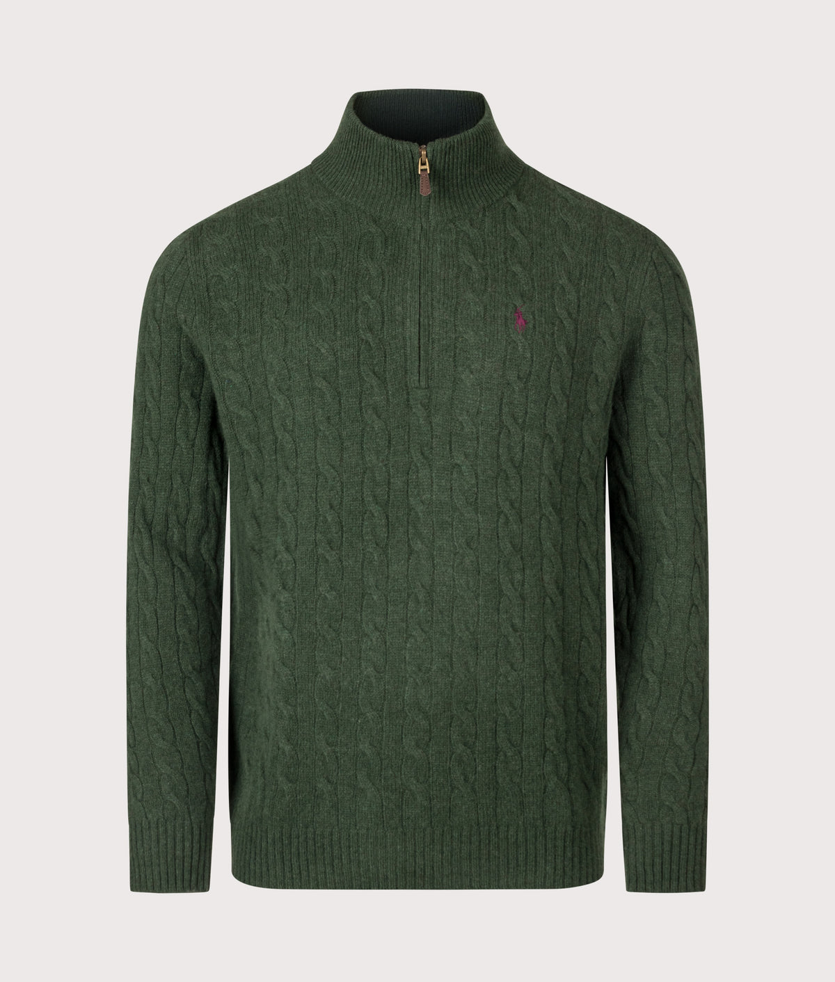 Polo Ralph Lauren Cashmere Blend Quarter Zip Cable Knit Jumper in Lodgepole Pine Heather at EQVVS Menswear. Front shot.