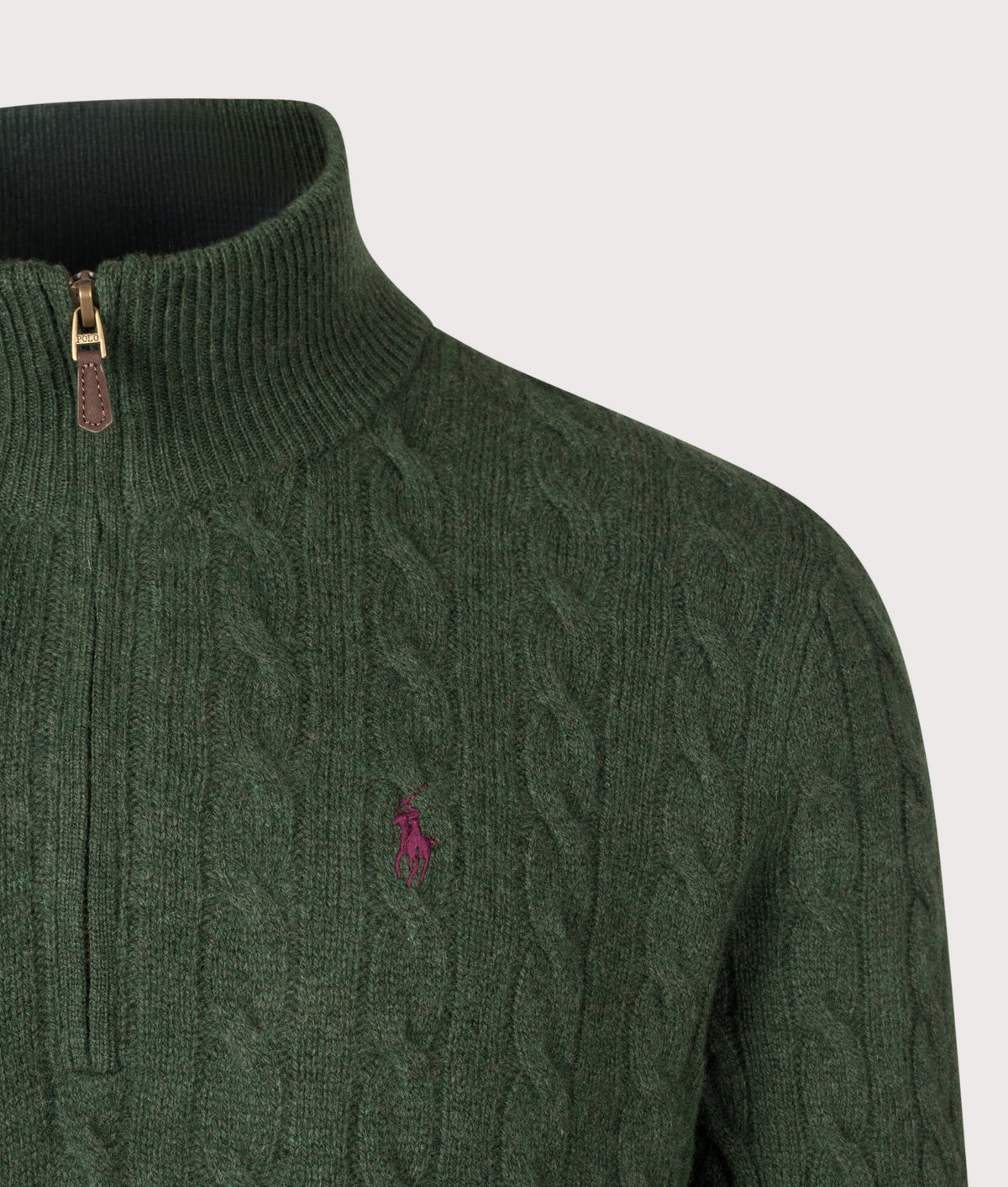 Polo Ralph Lauren Cashmere Blend Quarter Zip Cable Knit Jumper in Lodgepole Pine Heather at EQVVS Menswear. Detail shot.