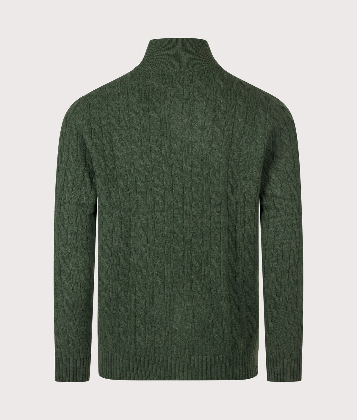 Polo Ralph Lauren Cashmere Blend Quarter Zip Cable Knit Jumper in Lodgepole Pine Heather at EQVVS Menswear. Back shot.