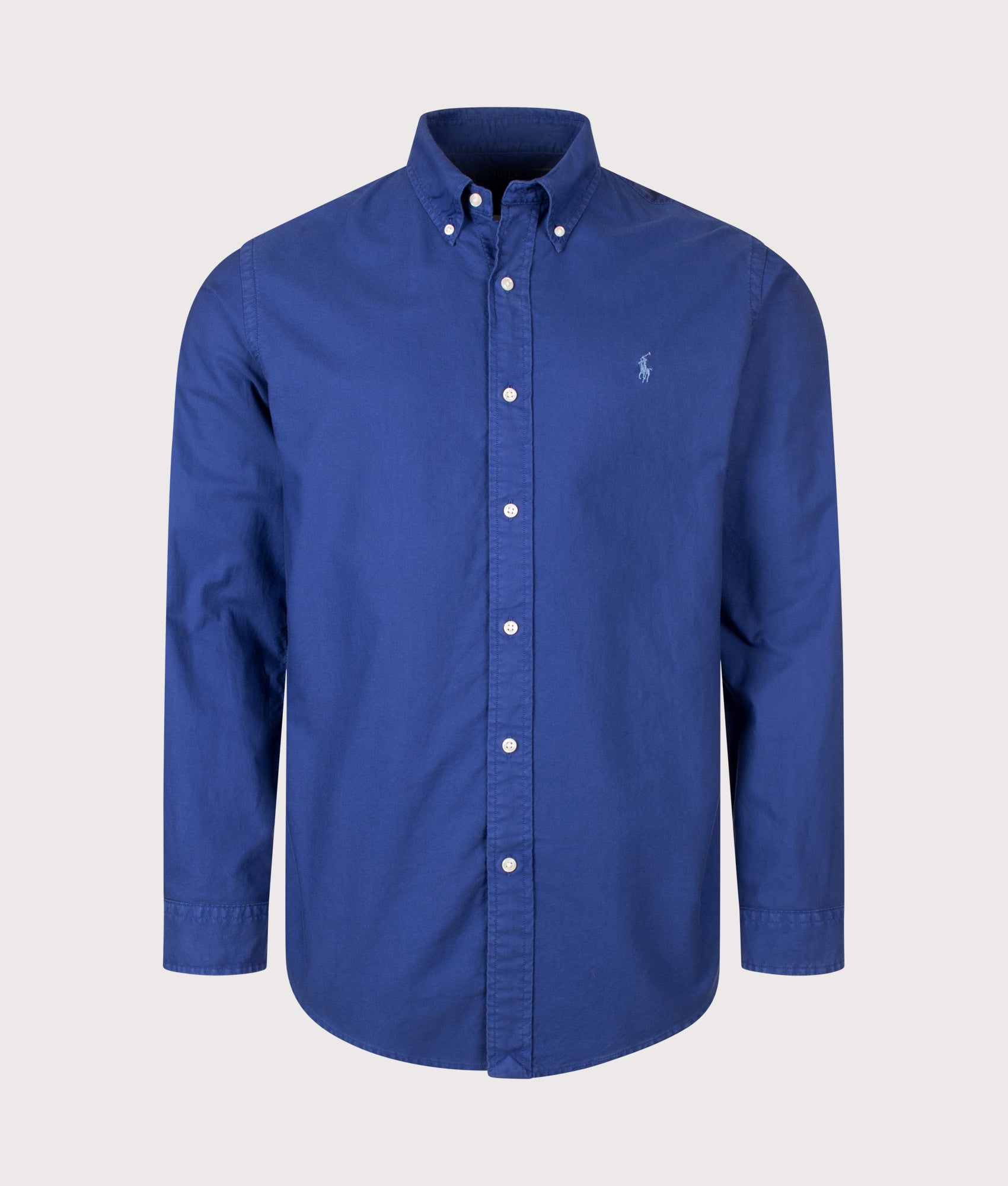 Polo Ralph Lauren Custom Fit Garment-Dyed Oxford Shirt in Blue Yatch at EQVVS Menswear. Front shot.