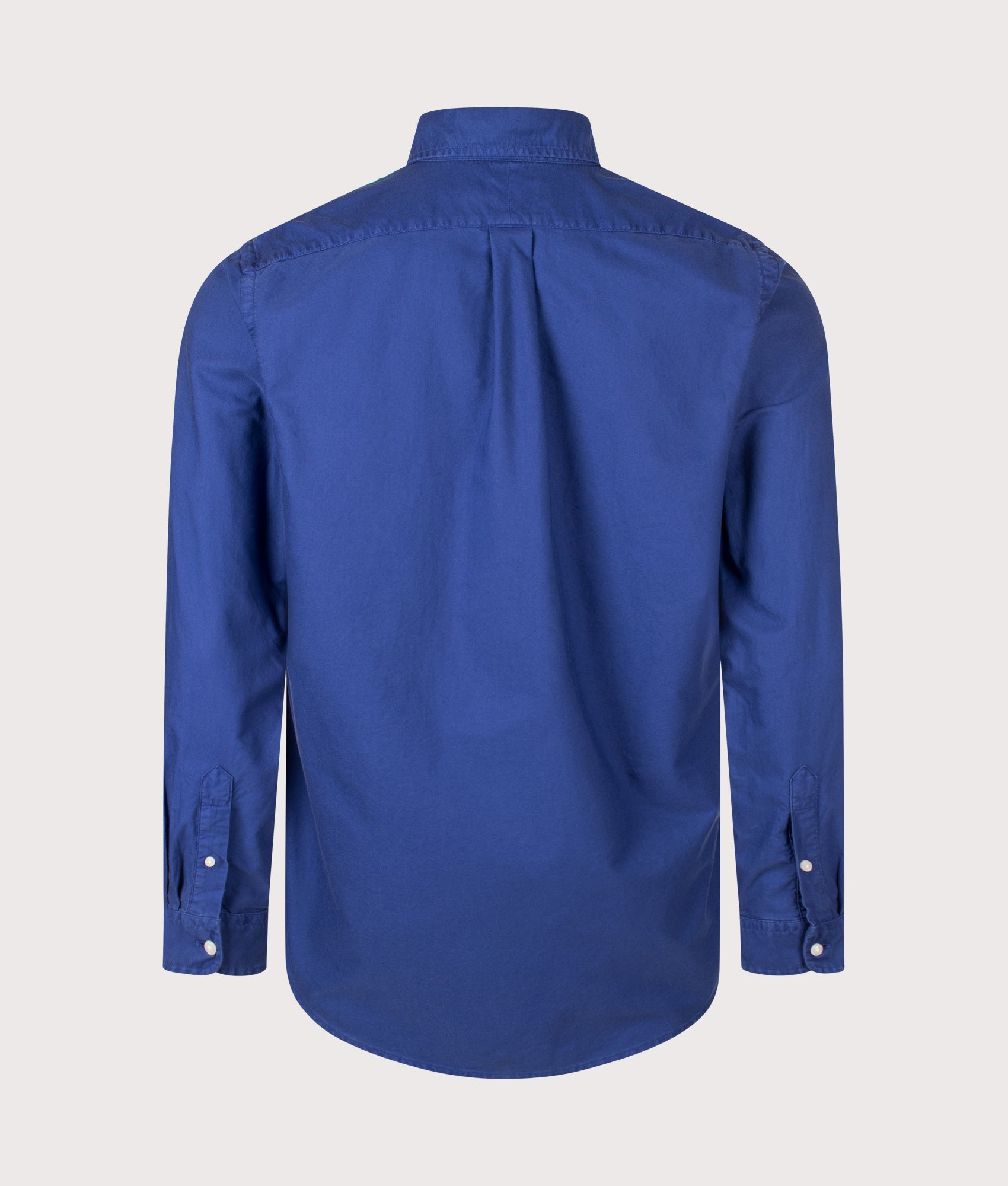 Polo Ralph Lauren Custom Fit Garment-Dyed Oxford Shirt in Blue Yatch at EQVVS Menswear. Back shot.