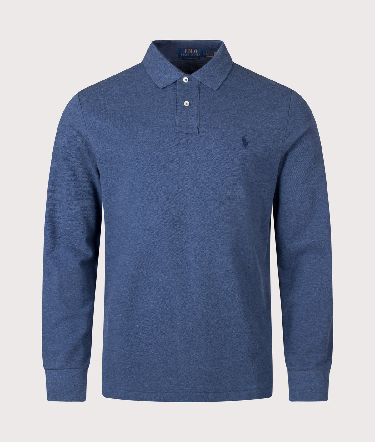 Polo Ralph Lauren Custom Slim Fit Long Sleeve Polo Shirt in Derby Blue Heather at EQVVS Menswear. Front shot.