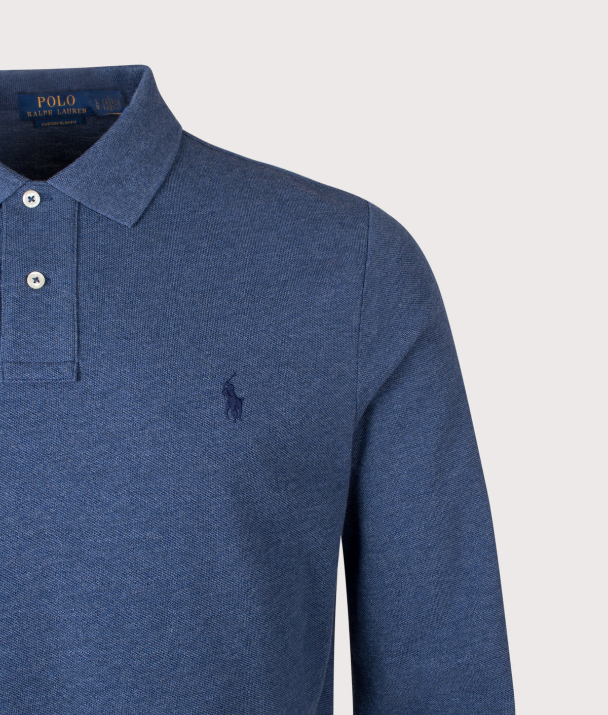 Polo Ralph Lauren Custom Slim Fit Long Sleeve Polo Shirt in Derby Blue Heather at EQVVS Menswear. Detail shot.