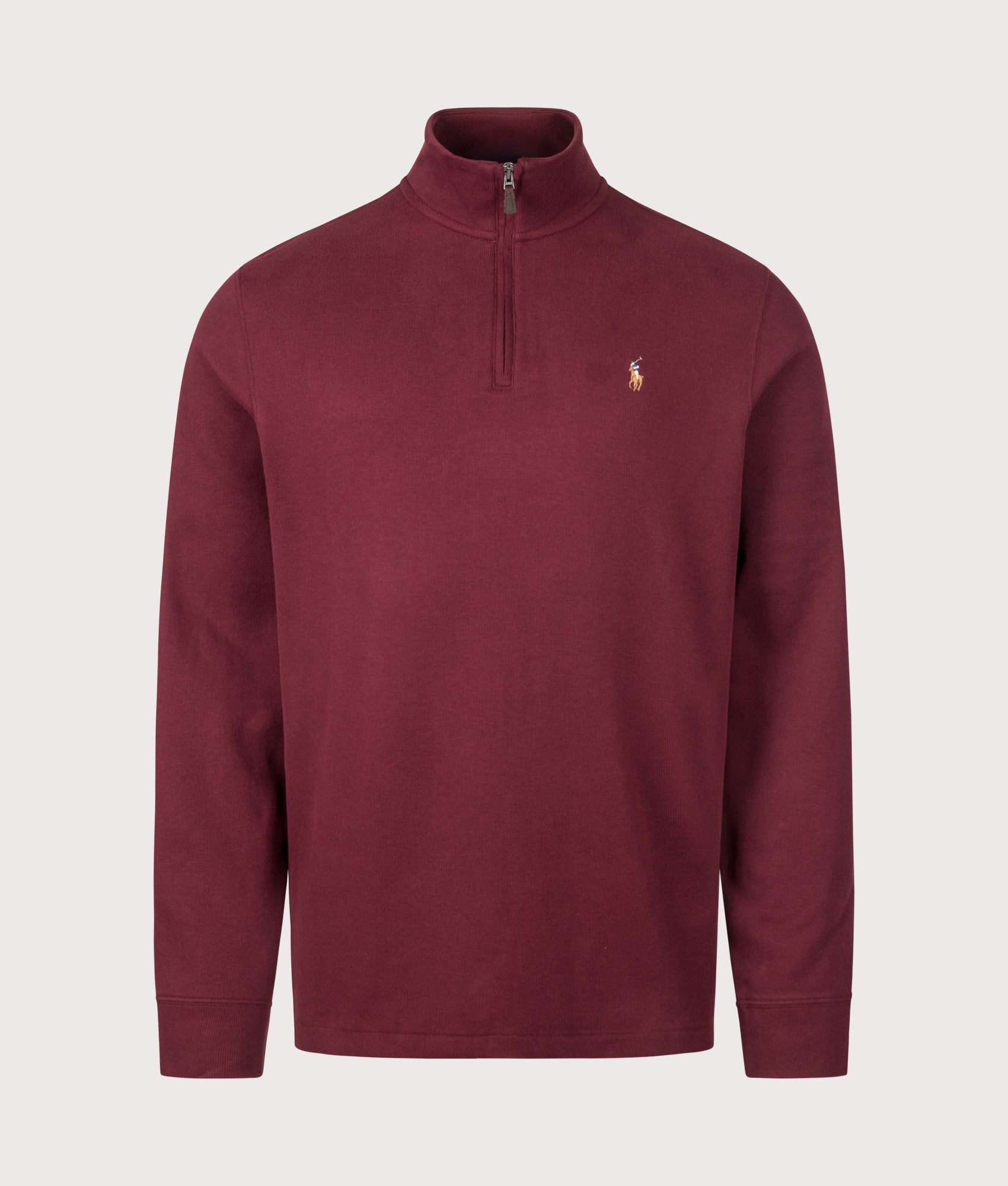 Polo Ralph Lauren Loose Fit Estate-Rib Quarter Zip Knit Jumper in Classic Wine at EQVVS Menswear. Front shot.