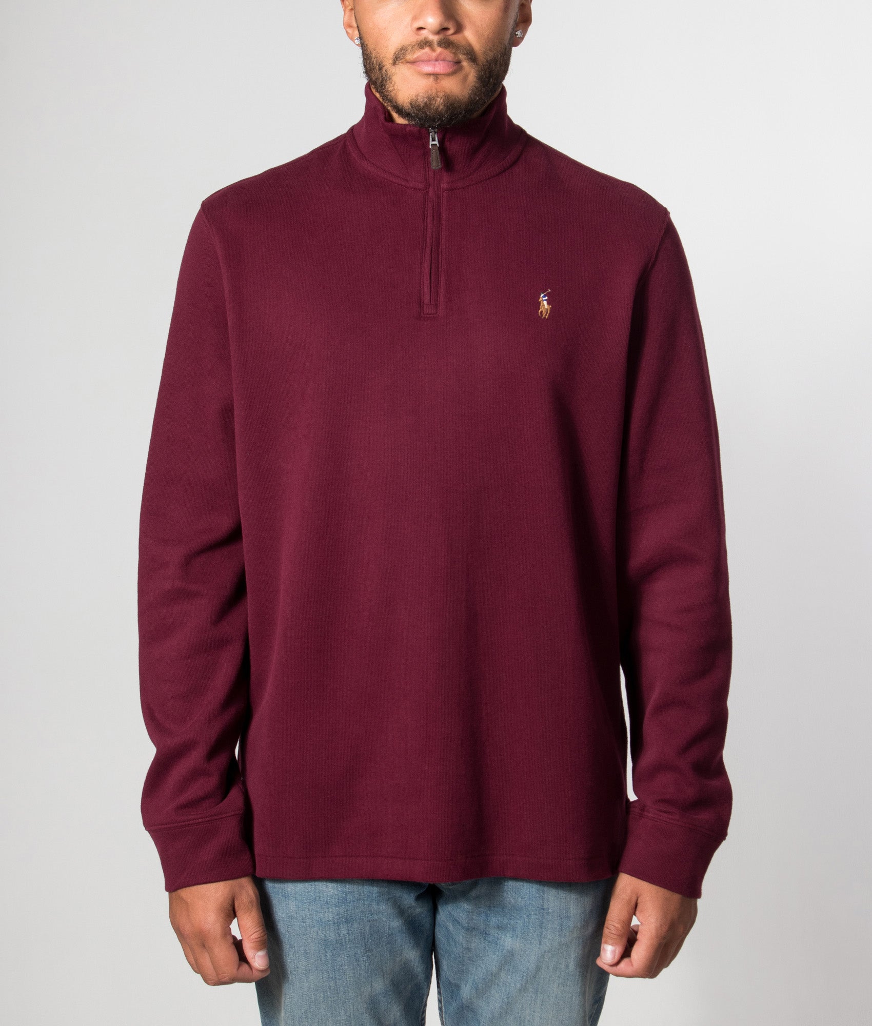 Polo Ralph Lauren Loose Fit Estate-Rib Quarter Zip Knit Jumper in Classic Wine at EQVVS Menswear. Model front shot.