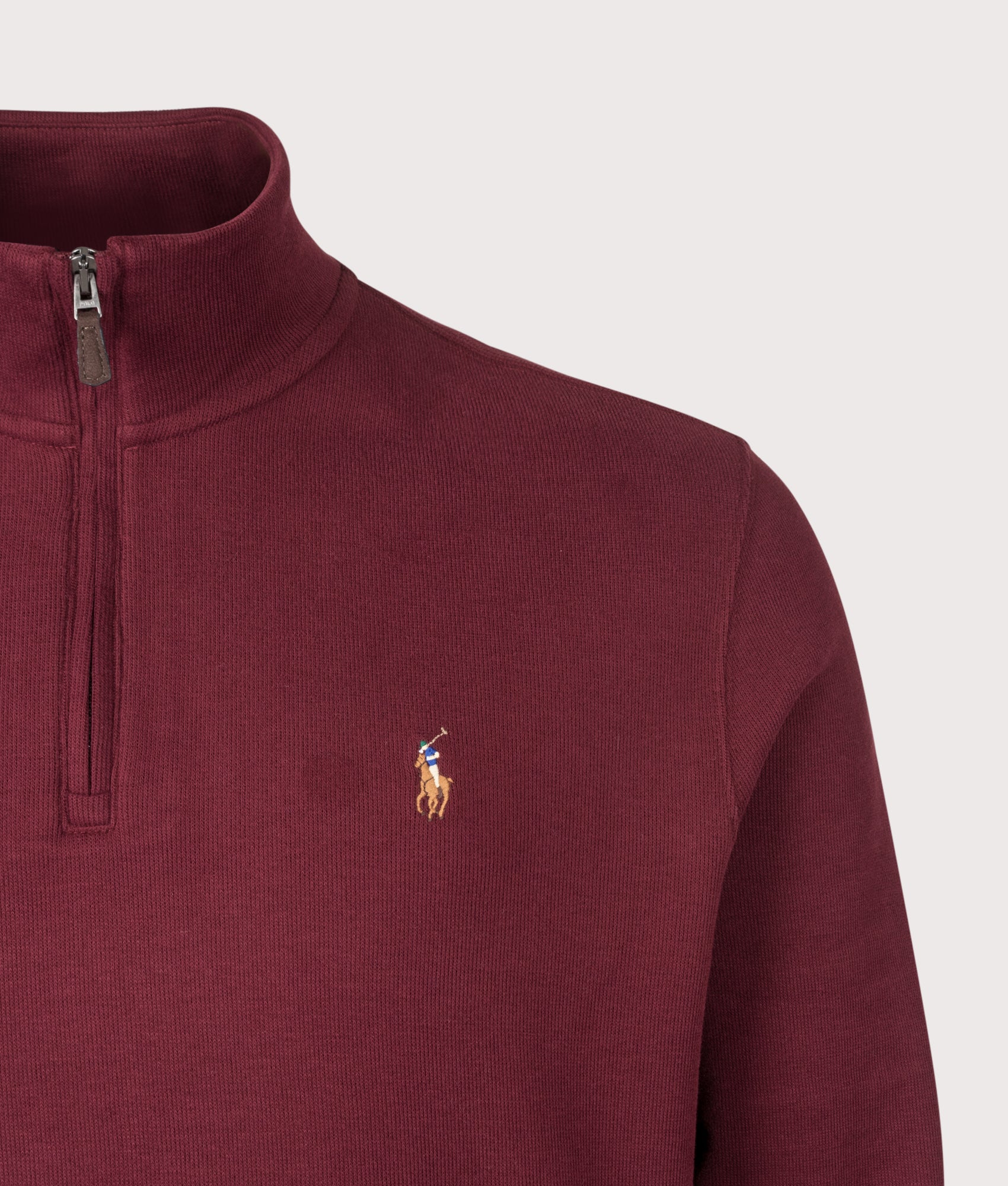 Polo Ralph Lauren Loose Fit Estate-Rib Quarter Zip Knit Jumper in Classic Wine at EQVVS Menswear. Detail shot.
