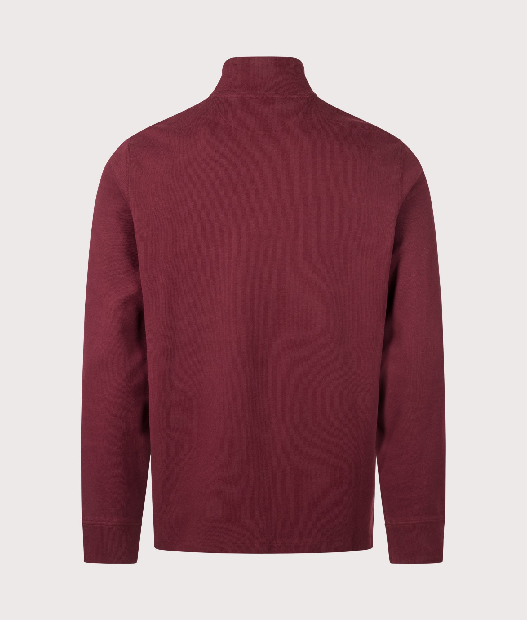 Polo Ralph Lauren Loose Fit Estate-Rib Quarter Zip Knit Jumper in Classic Wine at EQVVS Menswear. Back shot.