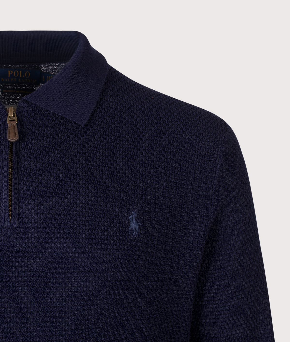 Polo Ralph Lauren Regular fit Polo Collar Merino Wool Jumper in Hunter Navy at EQVVS Menswear. Detail shot.