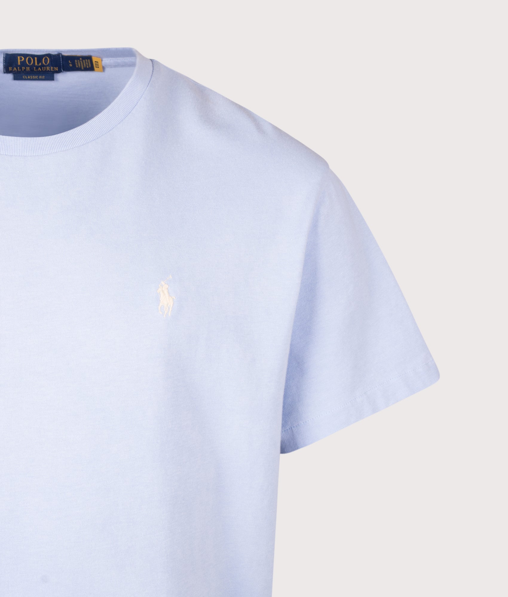 Polo Ralph Lauren Classic Fit Jersey T-Shirt in Pebble Blue at EQVVS Menswear. Detail shot.