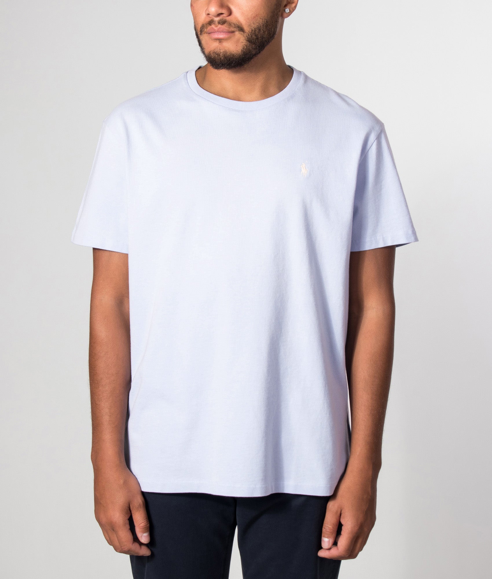 Polo Ralph Lauren Classic Fit Jersey T-Shirt in Pebble Blue at EQVVS Menswear. Model front shot.