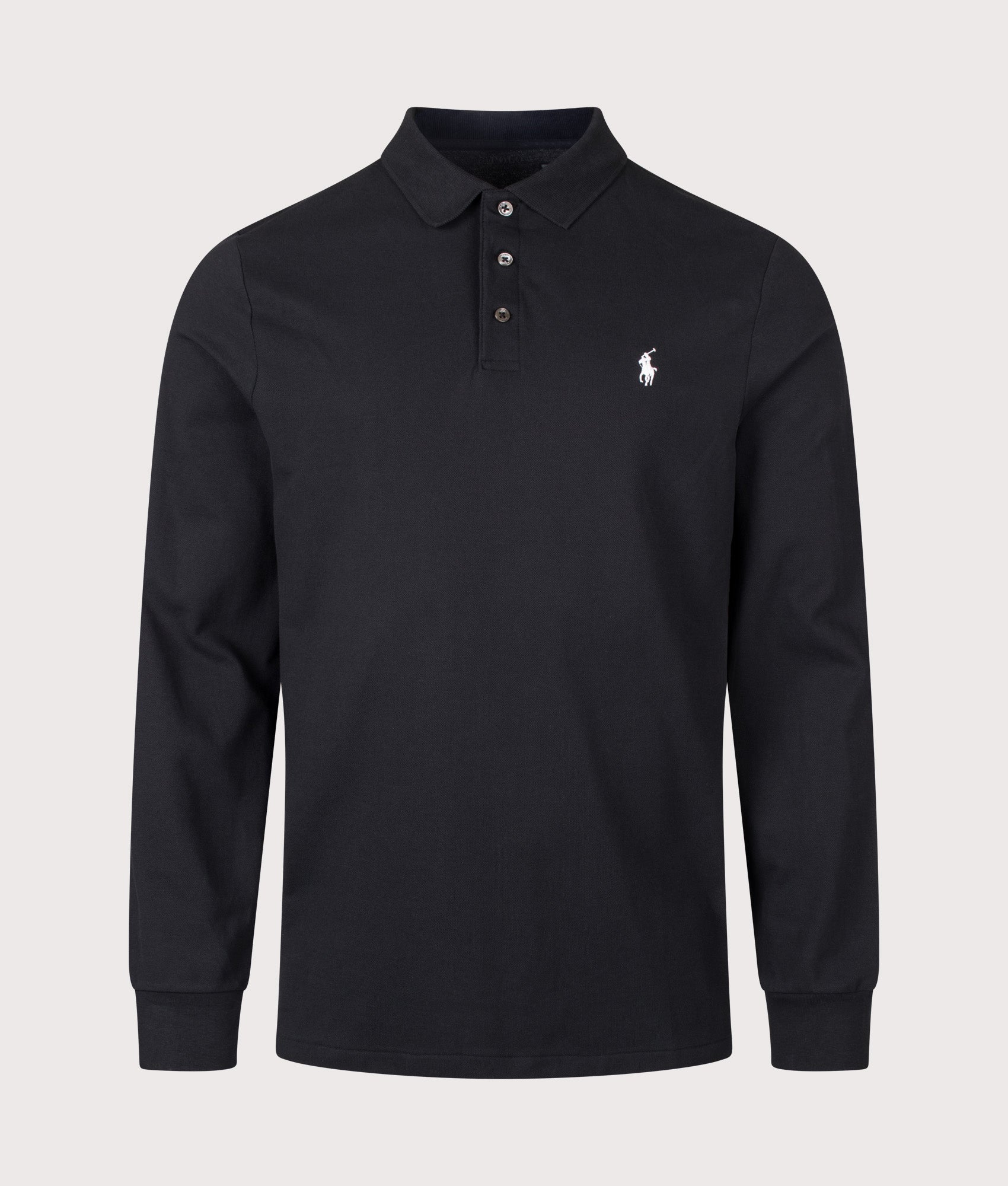 Polo Ralph Lauren Custom Slim Fit Stretch Mesh Long Sleeve Polo Shirt in Polo Black at EQVVS Menswear. Front shot.
