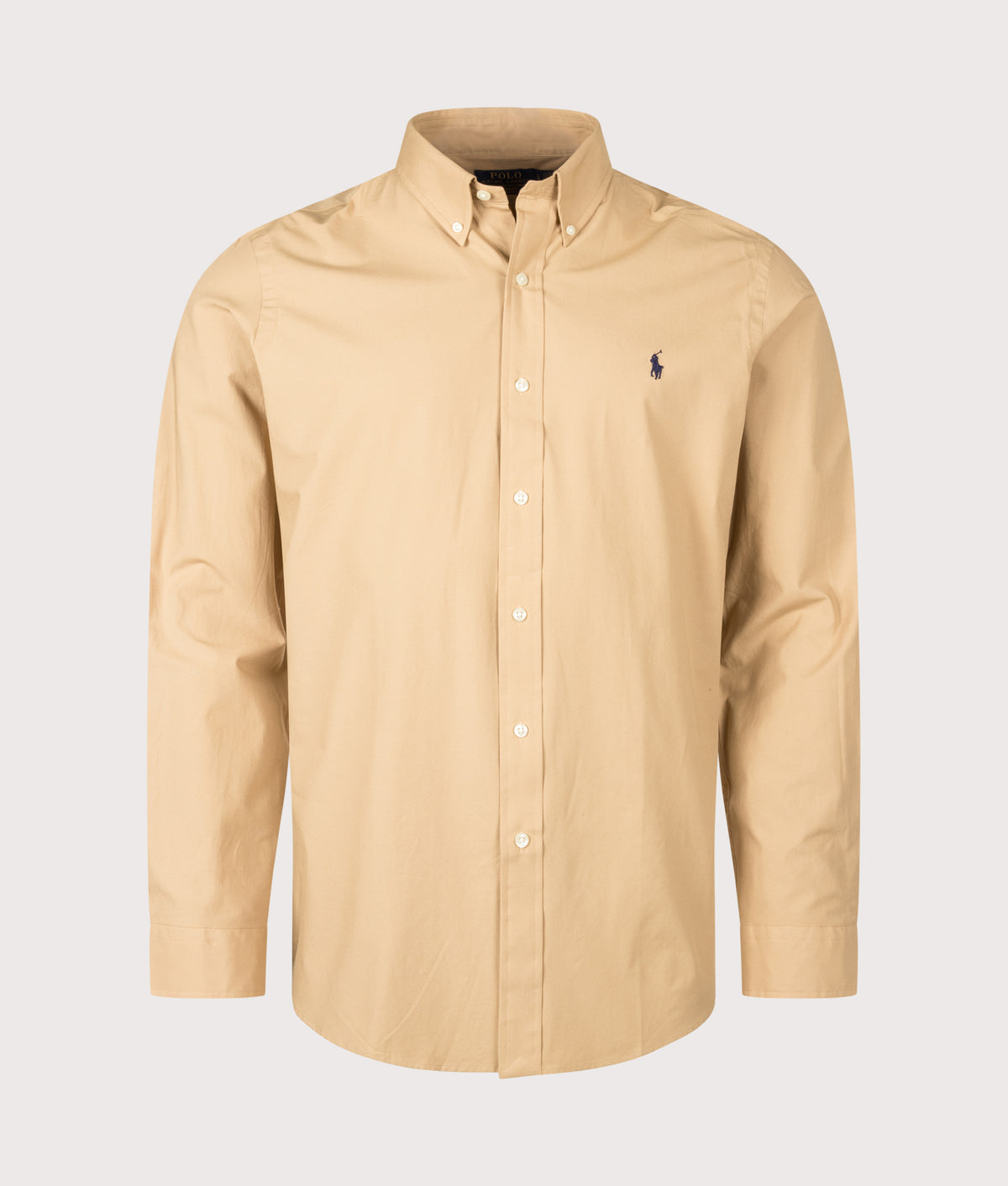 Polo Ralph Lauren Custom Fit Stretch Poplin Shirt in Classic Camel at EQVVS Menswear. Front shot.