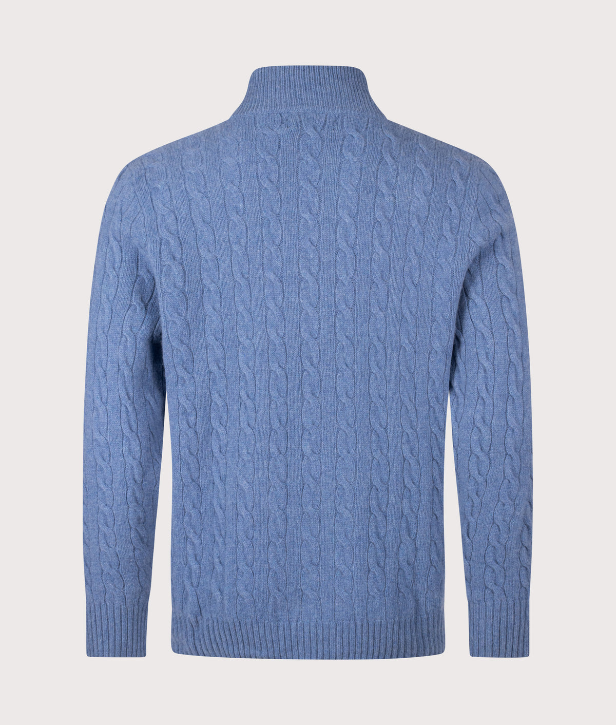 Polo Ralph Lauren Cashmere Blend Quarter Zip Cable Knit Jumper in Blue Borage Heather at EQVVS Menswear. Back shot.
