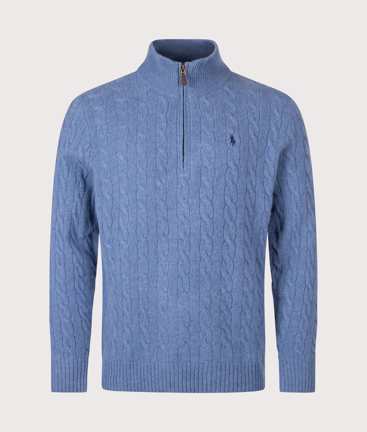 Polo Ralph Lauren Cashmere Blend Quarter Zip Cable Knit Jumper in Blue Borage Heather at EQVVS Menswear. Front shot.