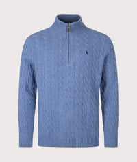 Cashmere Blend Quarter Zip Cable Knit Jumper: 501 Blue Borage Heather 