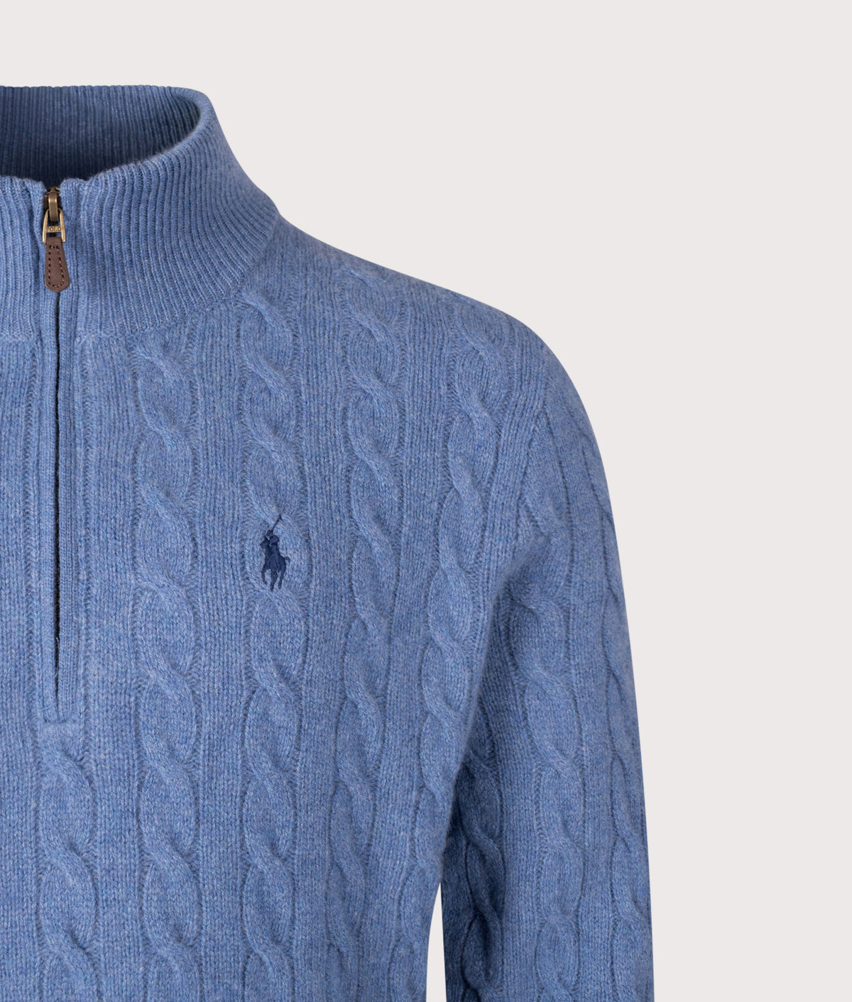 Polo Ralph Lauren Cashmere Blend Quarter Zip Cable Knit Jumper in Blue Borage Heather at EQVVS Menswear. Detail shot.