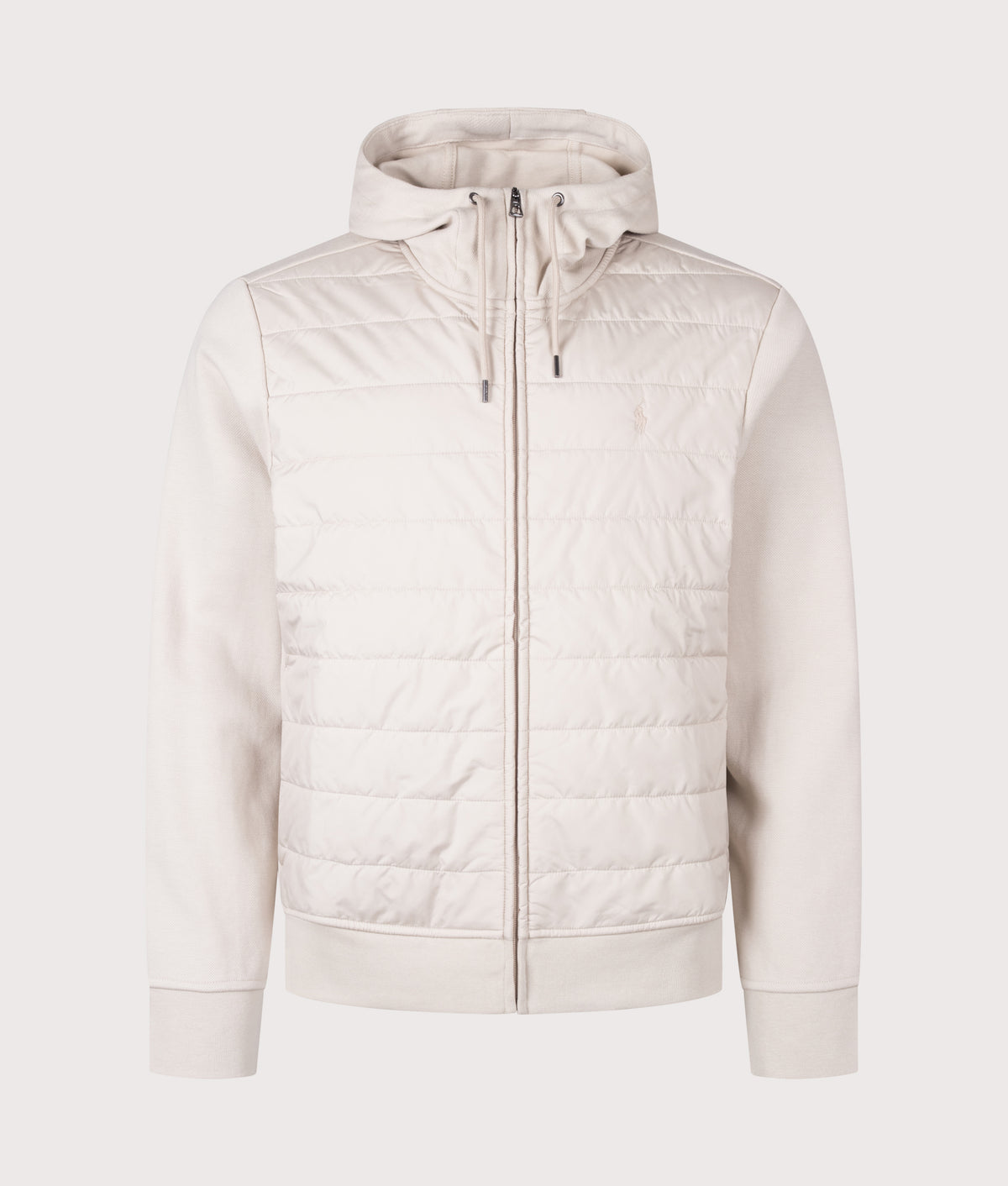 Polo Ralph Lauren Double Knit Jacquard Zip Through Hoodie in Stoneware Grey at EQVVS Menswear. Front shot.