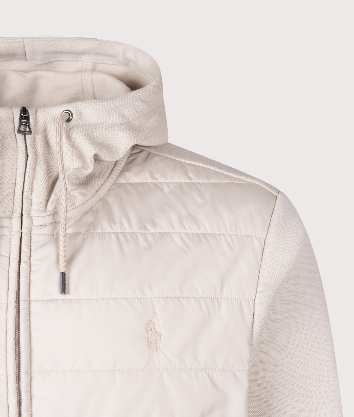 Polo Ralph Lauren Double Knit Jacquard Zip Through Hoodie in Stoneware Grey at EQVVS Menswear. Detail shot.